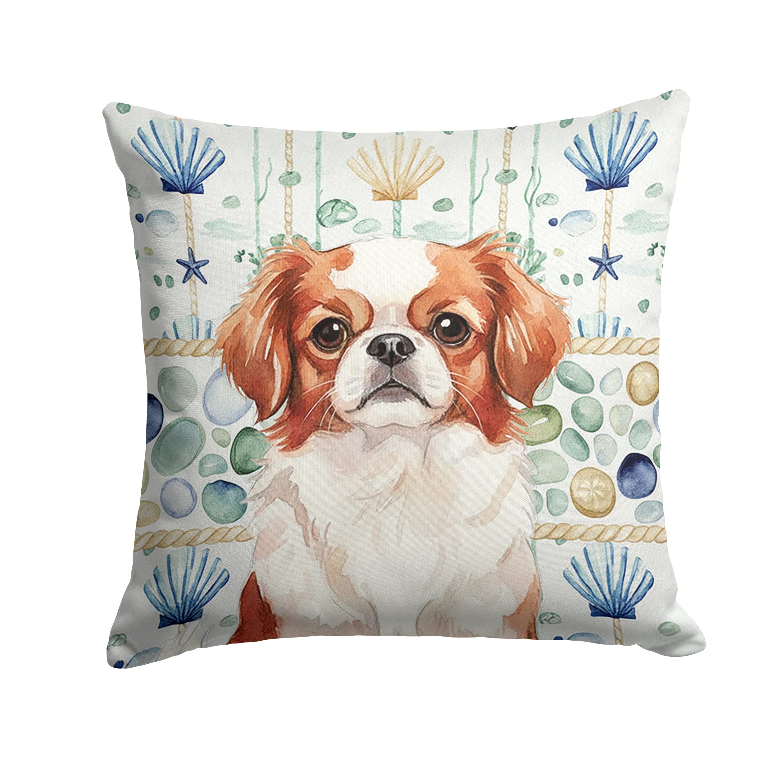 Red and White Japanese Chin Coastal Sea Glass Decorative Throw Pillow 14x14 Indoor Outdoor Accent Cushion, Fabric Cover with Insert for Sofa, Bed, Porch & Living Room