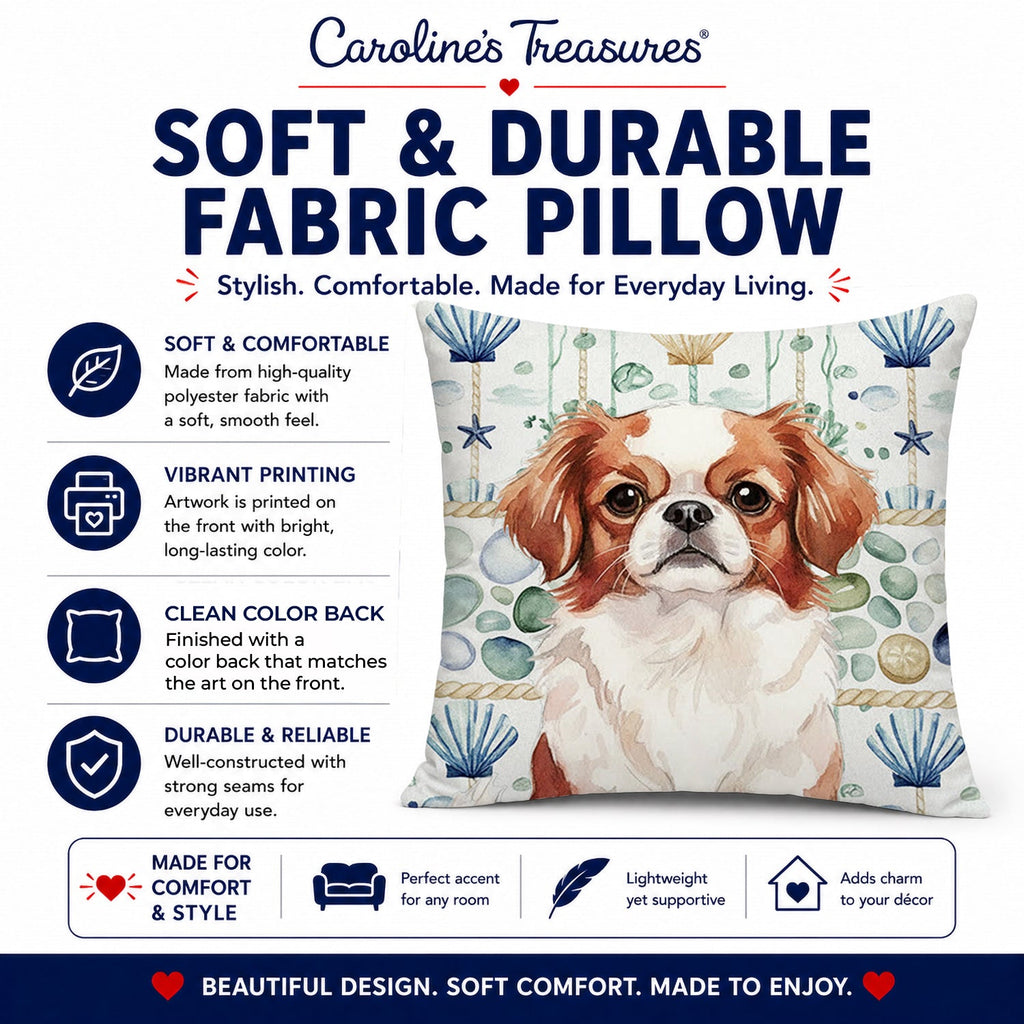Red and White Japanese Chin Coastal Sea Glass Decorative Throw Pillow 18x18 Indoor Outdoor Accent Cushion, Fabric Cover with Insert for Sofa, Bed, Porch & Living Room