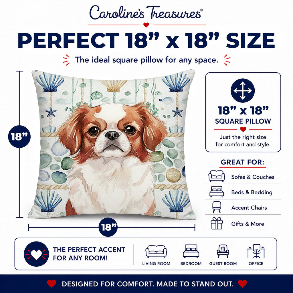 Red and White Japanese Chin Coastal Sea Glass Decorative Throw Pillow 18x18 Indoor Outdoor Accent Cushion, Fabric Cover with Insert for Sofa, Bed, Porch & Living Room