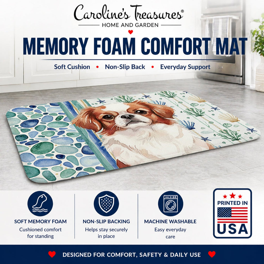 Red and White Japanese Chin Coastal Sea Glass Memory Foam Kitchen Mat Machine Washable Anti-Fatigue Cushion Comfort Bath or Kitchen Rug
