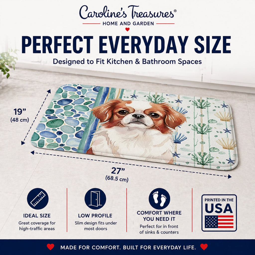 Red and White Japanese Chin Coastal Sea Glass Memory Foam Kitchen Mat Machine Washable Anti-Fatigue Cushion Comfort Bath or Kitchen Rug