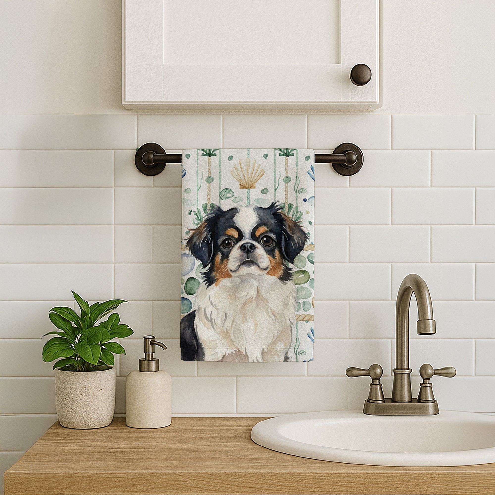 Tricolor Japanese Chin Coastal Sea Glass Kitchen Towel Velour Plush Front and Cotton Loop Back Machine Washable