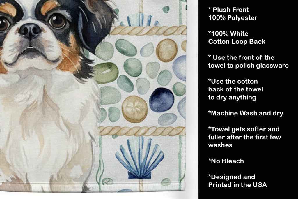 Tricolor Japanese Chin Coastal Sea Glass Kitchen Towel Velour Plush Front and Cotton Loop Back Machine Washable