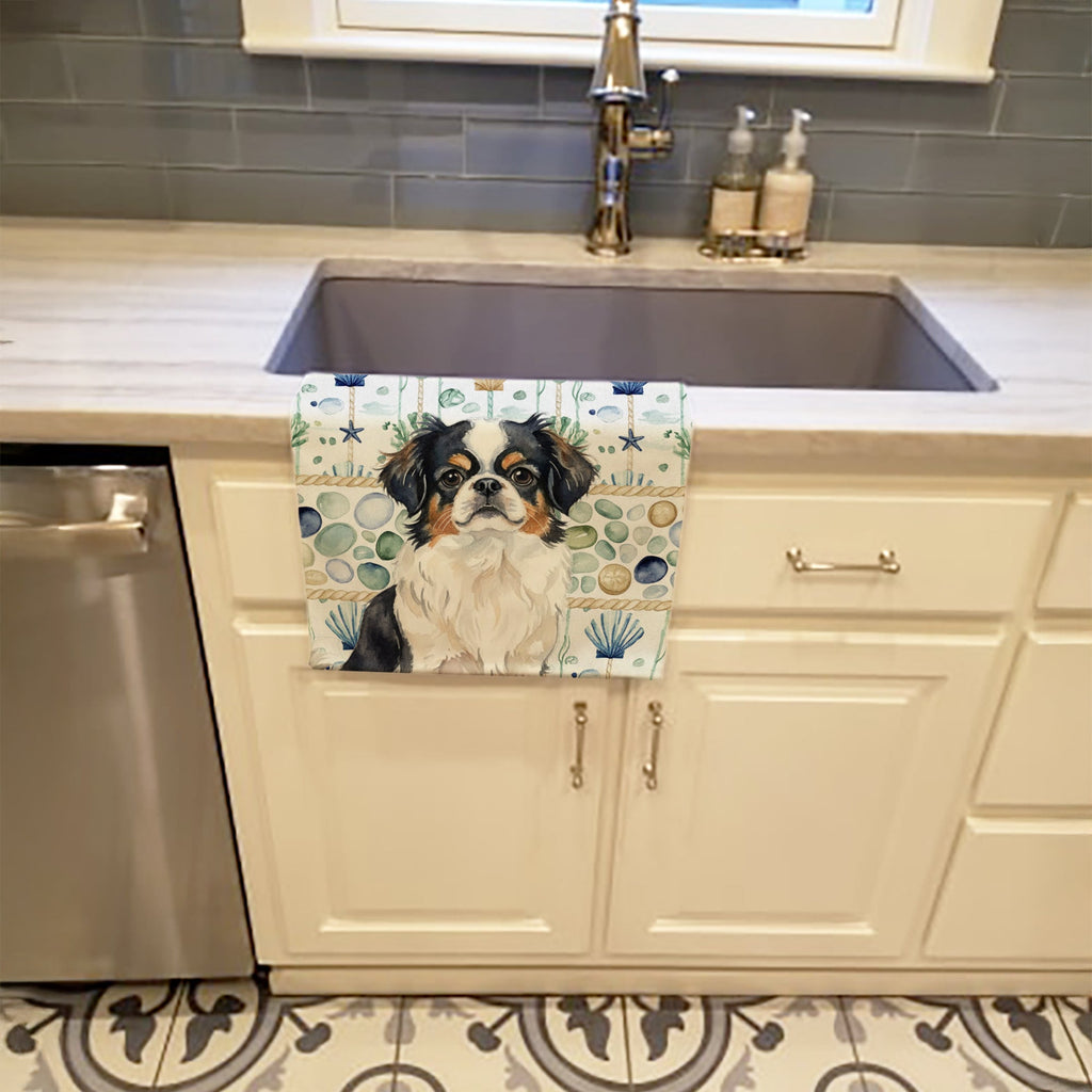 Tricolor Japanese Chin Coastal Sea Glass Kitchen Towel Velour Plush Front and Cotton Loop Back Machine Washable