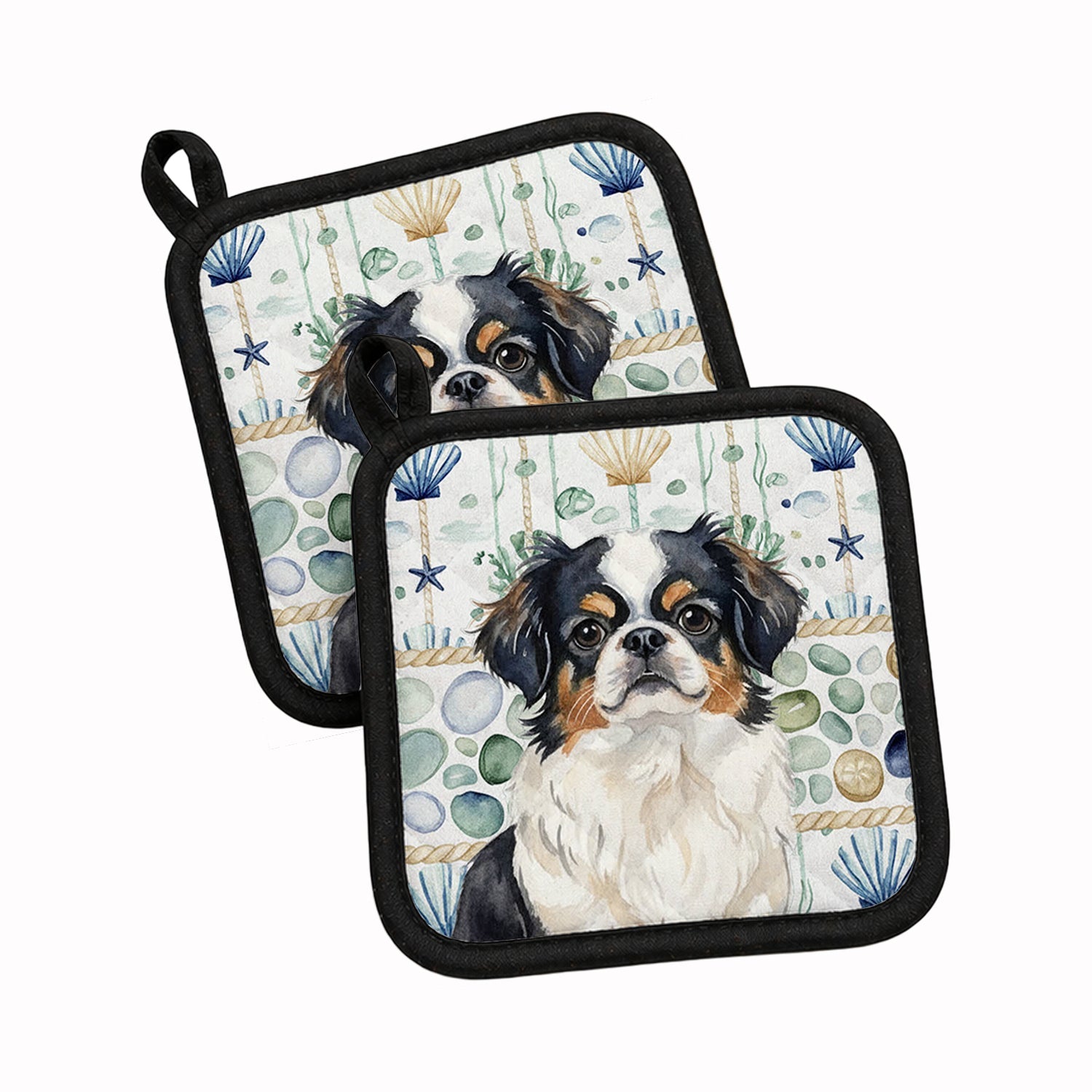 Tricolor Japanese Chin Coastal Sea Glass Pot Holder Set of 2 Heat Resistant Quilted Hot Pads 7.5 x 7.5 Inch, Insulated Kitchen Trivets for Cooking & Baking