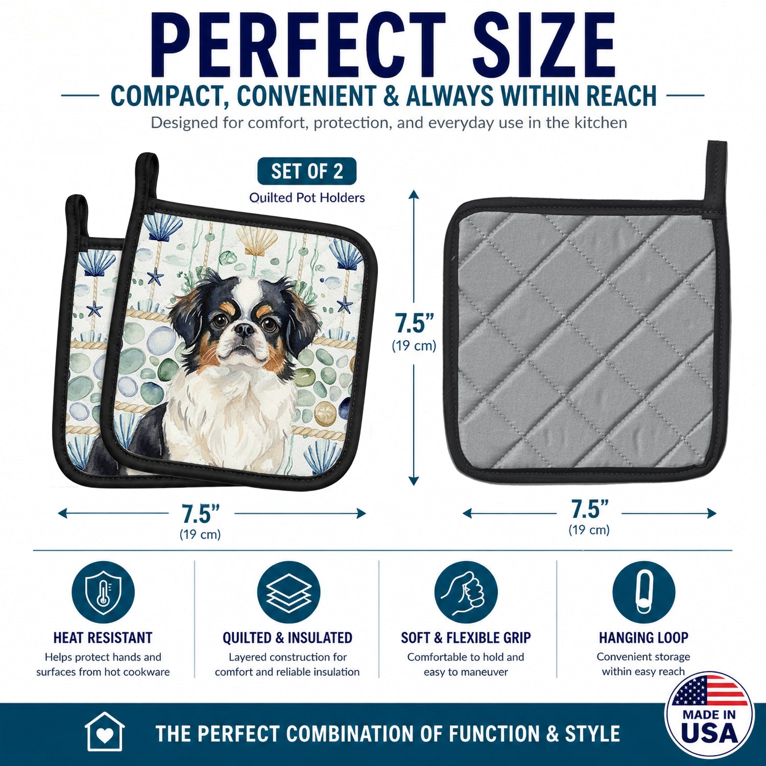 Tricolor Japanese Chin Coastal Sea Glass Pot Holder Set of 2 Heat Resistant Quilted Hot Pads 7.5 x 7.5 Inch, Insulated Kitchen Trivets for Cooking & Baking