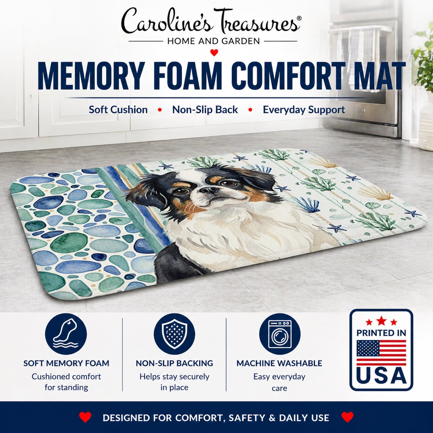 Tricolor Japanese Chin Coastal Sea Glass Memory Foam Kitchen Mat Machine Washable Anti-Fatigue Cushion Comfort Bath or Kitchen Rug