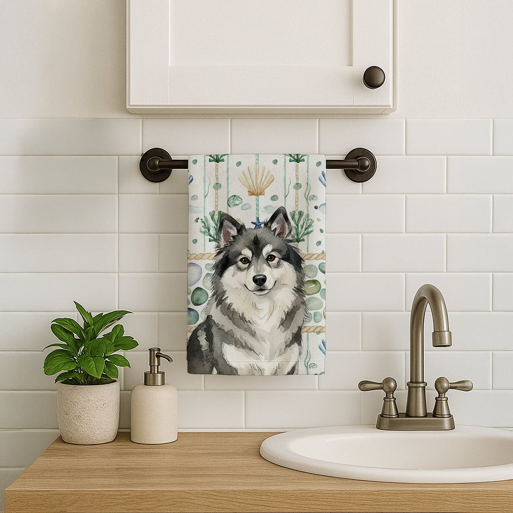 Keeshond Coastal Sea Glass Kitchen Towel Velour Plush Front and Cotton Loop Back Machine Washable