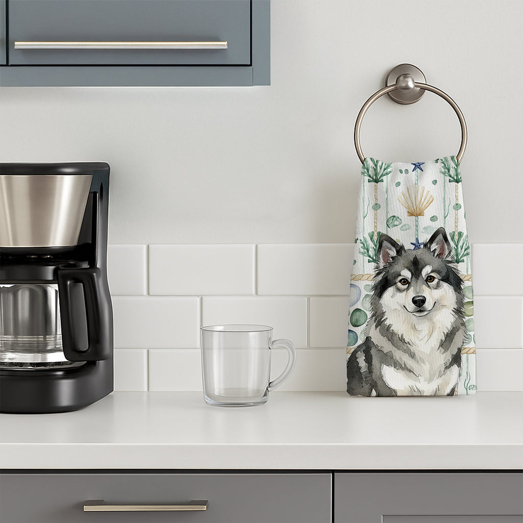 Keeshond Coastal Sea Glass Kitchen Towel Velour Plush Front and Cotton Loop Back Machine Washable