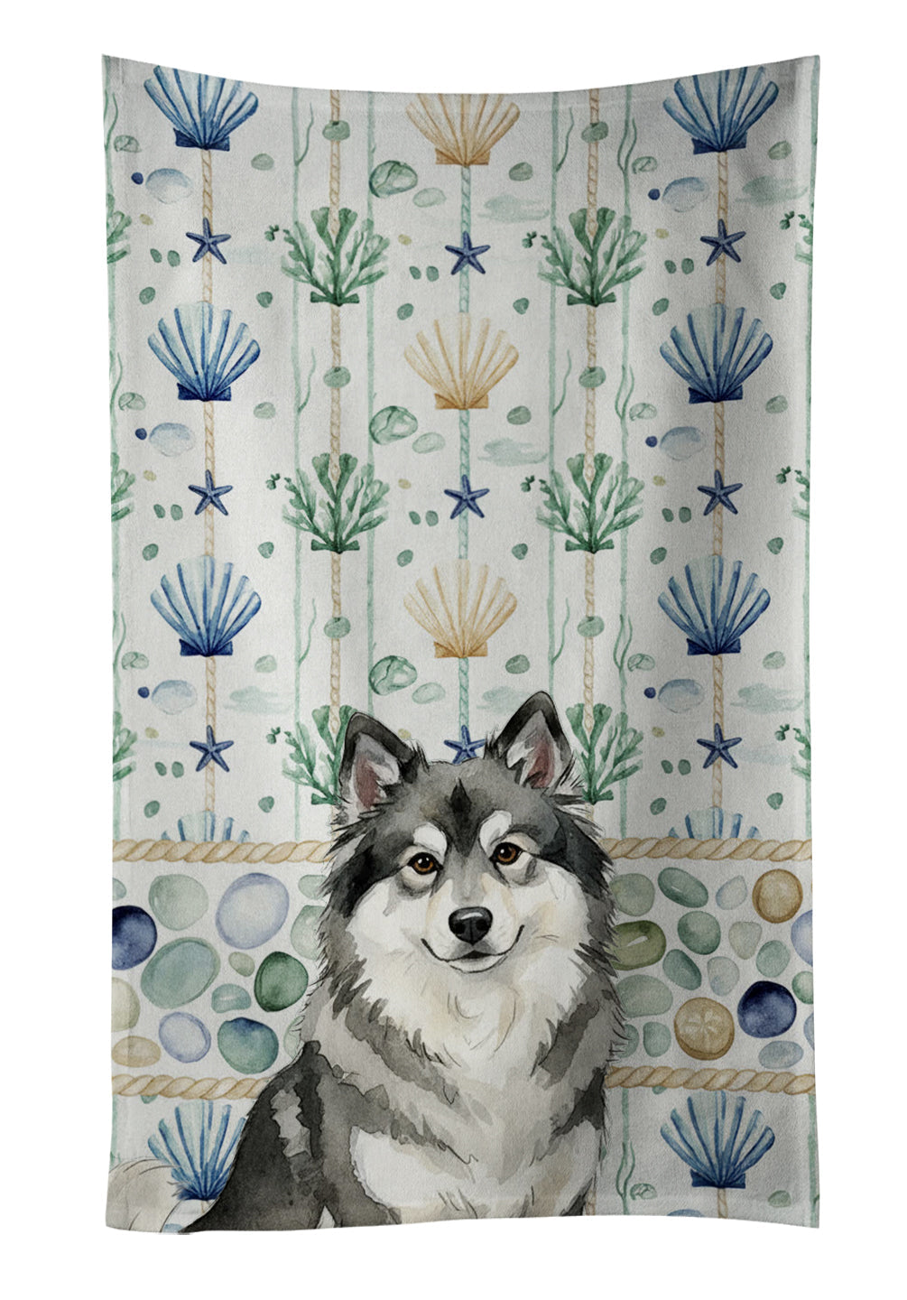 Keeshond Coastal Sea Glass Kitchen Towel Velour Plush Front and Cotton Loop Back Machine Washable