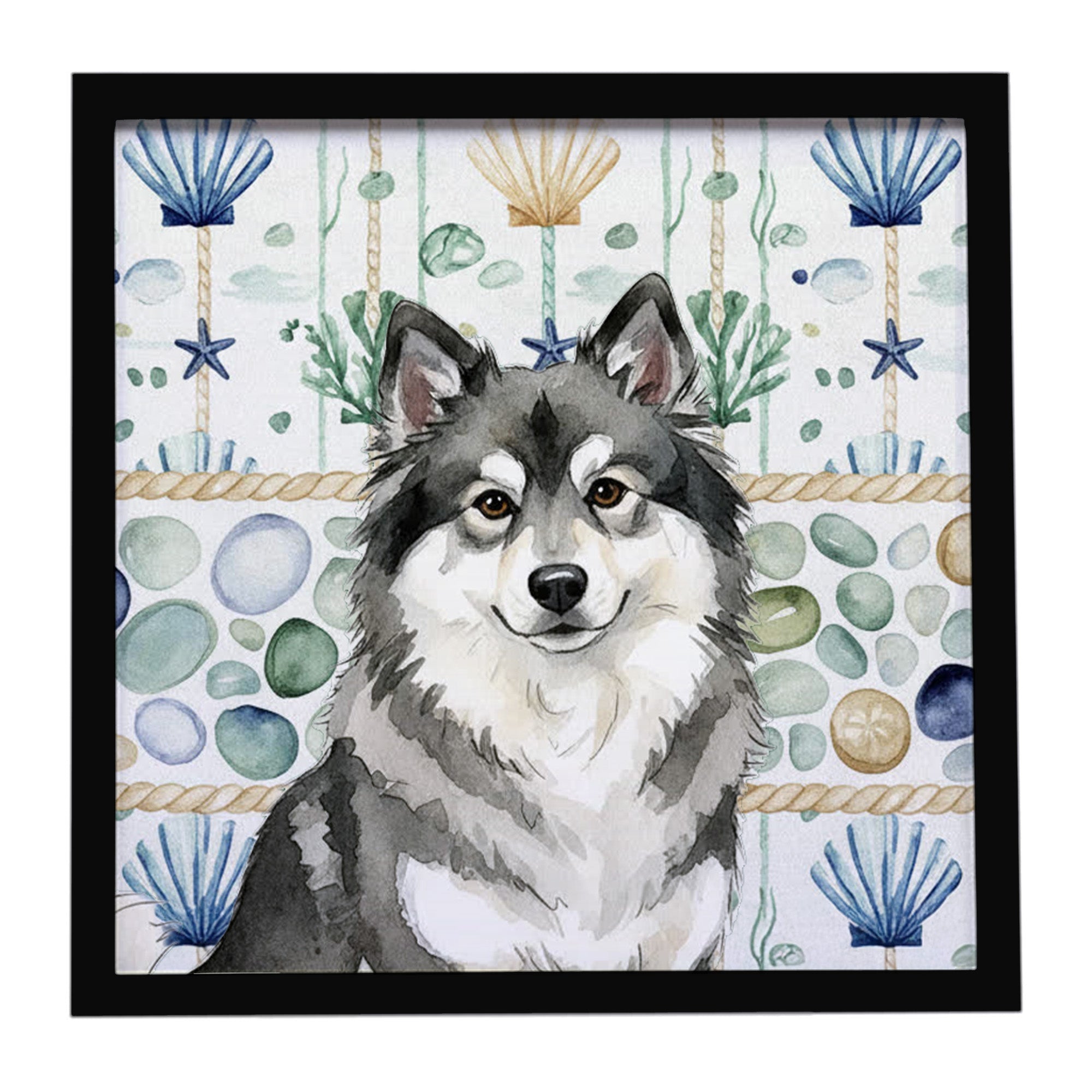 Keeshond Coastal Sea Glass Framed Metal Print Bathroom, Kitchen, Office, Home Decor Wall Art Ready to Hang, Square, 8X8
