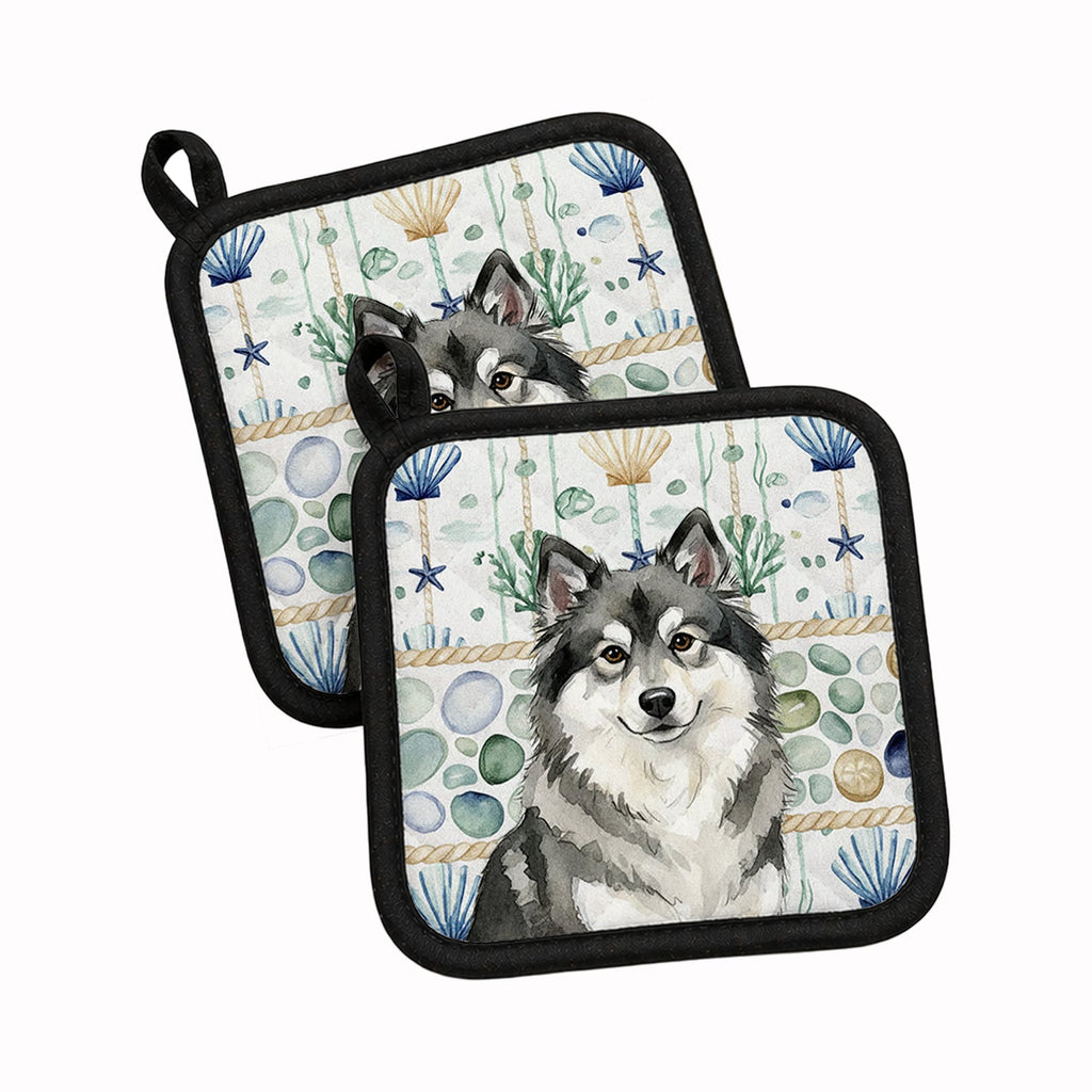 Keeshond Coastal Sea Glass Pot Holder Set of 2 Heat Resistant Quilted Hot Pads 7.5 x 7.5 Inch, Insulated Kitchen Trivets for Cooking & Baking