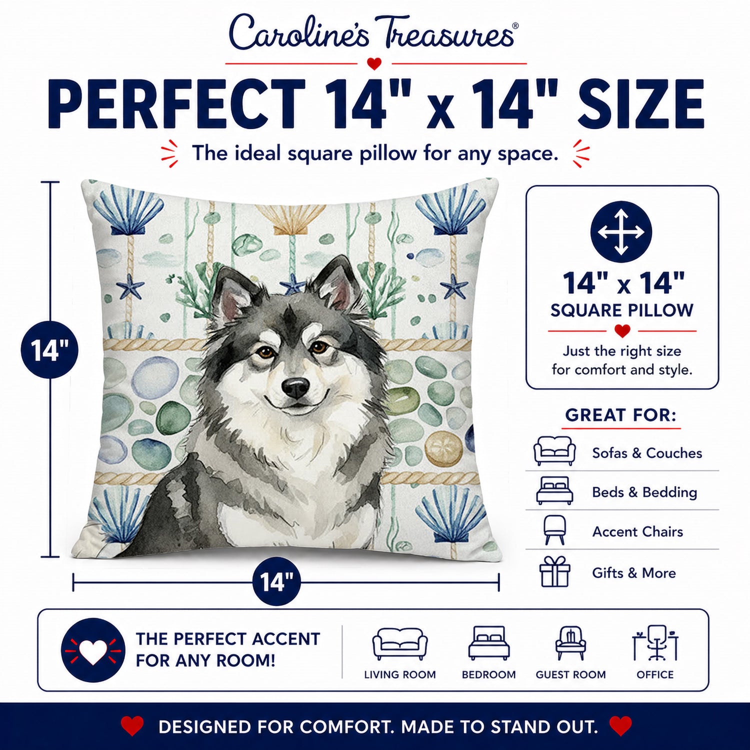 Keeshond Coastal Sea Glass Decorative Throw Pillow 14x14 Indoor Outdoor Accent Cushion, Fabric Cover with Insert for Sofa, Bed, Porch & Living Room