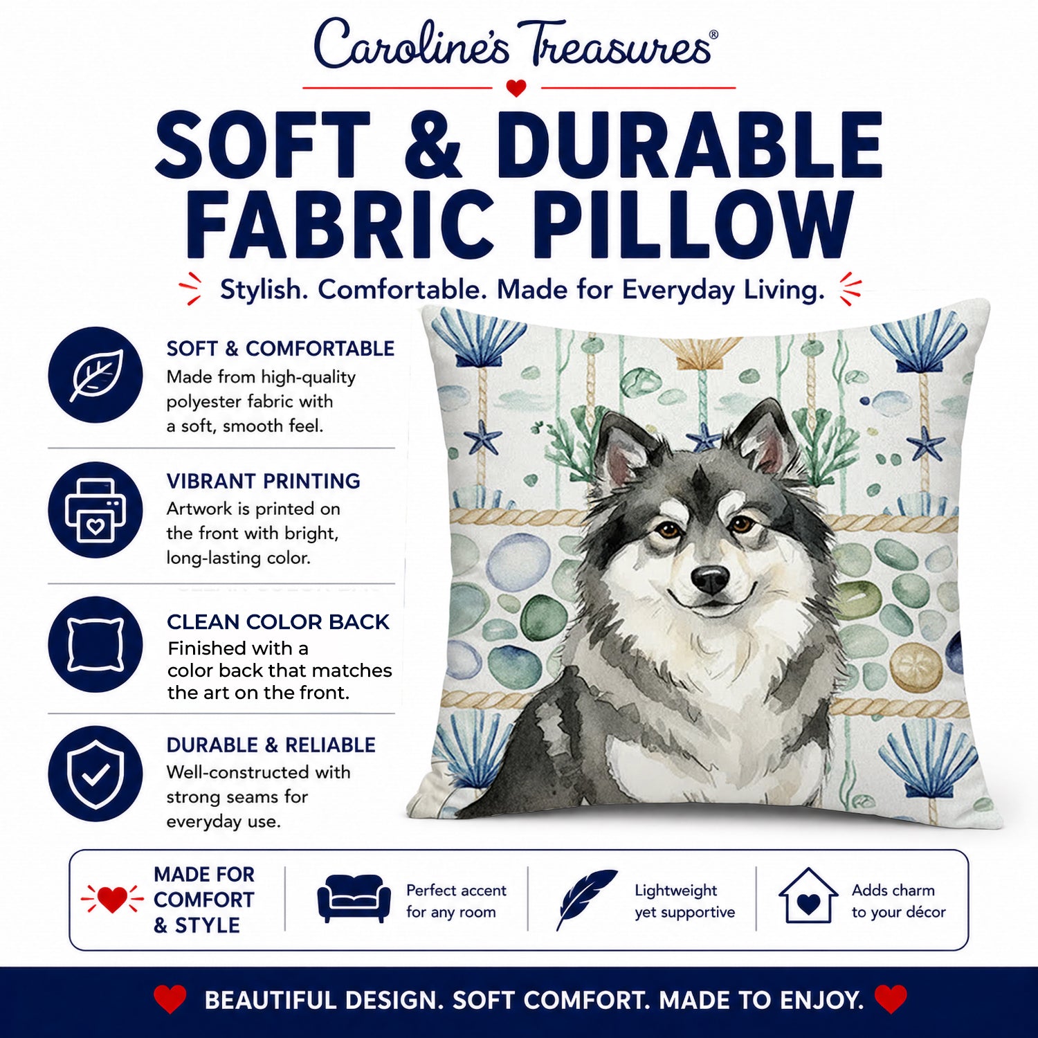 Keeshond Coastal Sea Glass Decorative Throw Pillow 18x18 Indoor Outdoor Accent Cushion, Fabric Cover with Insert for Sofa, Bed, Porch & Living Room