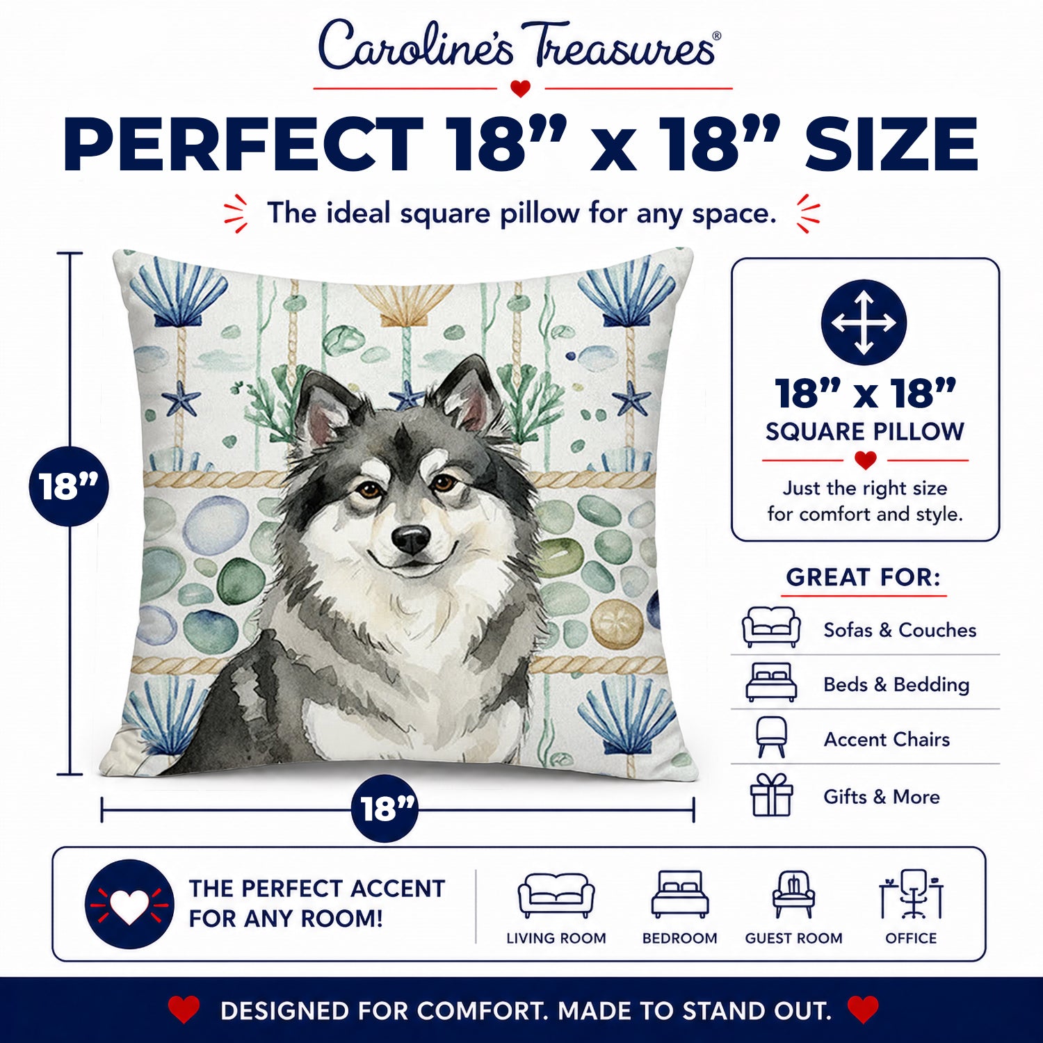 Keeshond Coastal Sea Glass Decorative Throw Pillow 18x18 Indoor Outdoor Accent Cushion, Fabric Cover with Insert for Sofa, Bed, Porch & Living Room