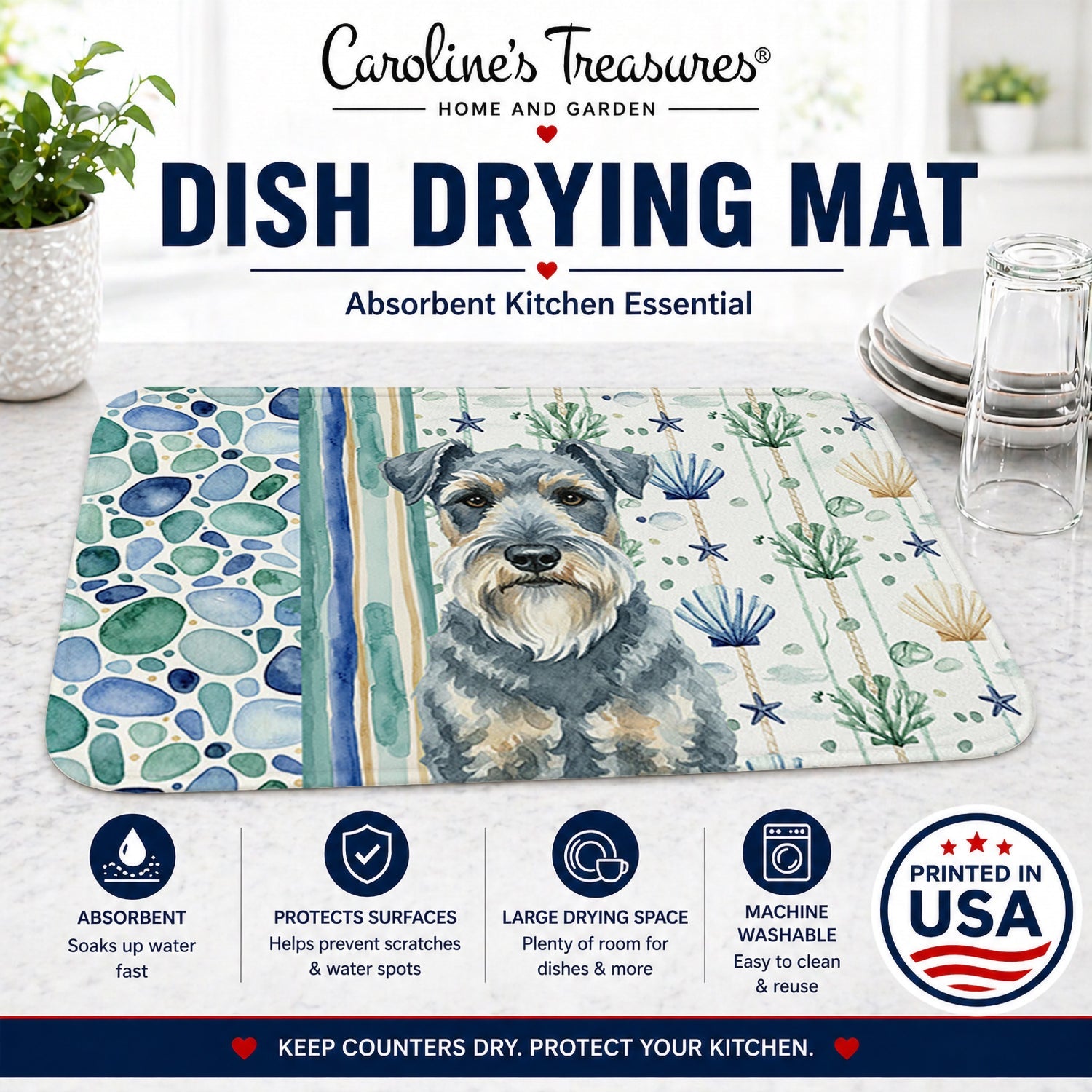 Kerry Blue Terrier Coastal Sea Glass Dish Drying Mat Absorbent Dish Drying Mat Pad for Kitchen Counter Dish Drainer Mat for Countertop, 14 x 21", Multicolor