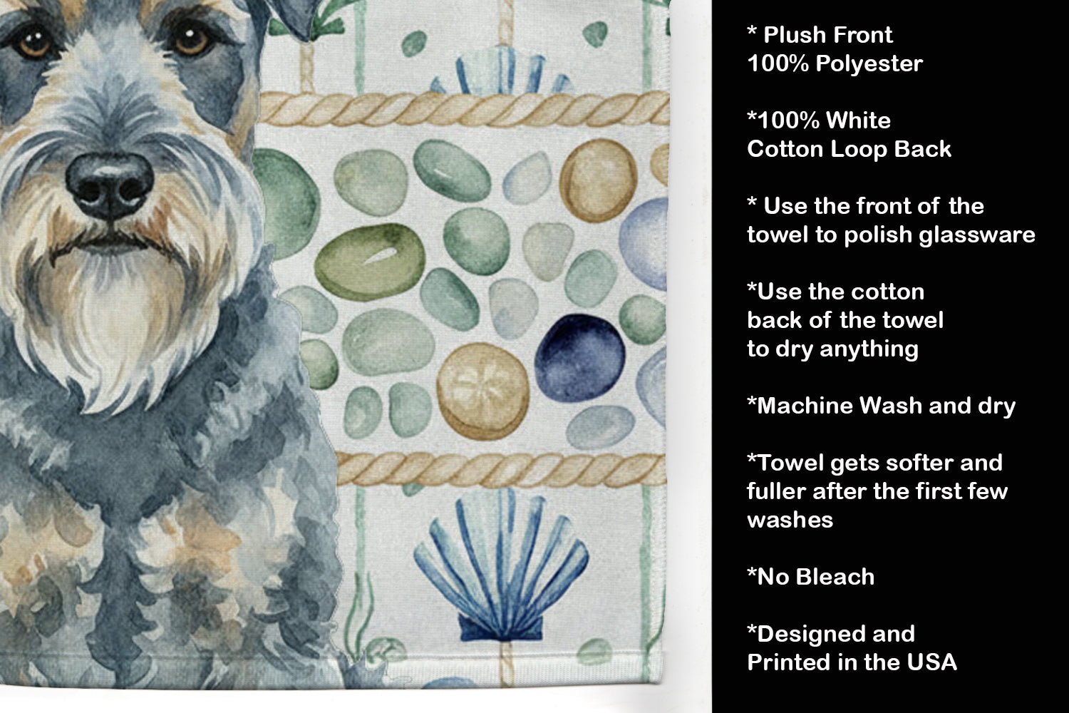 Kerry Blue Terrier Coastal Sea Glass Kitchen Towel Velour Plush Front and Cotton Loop Back Machine Washable