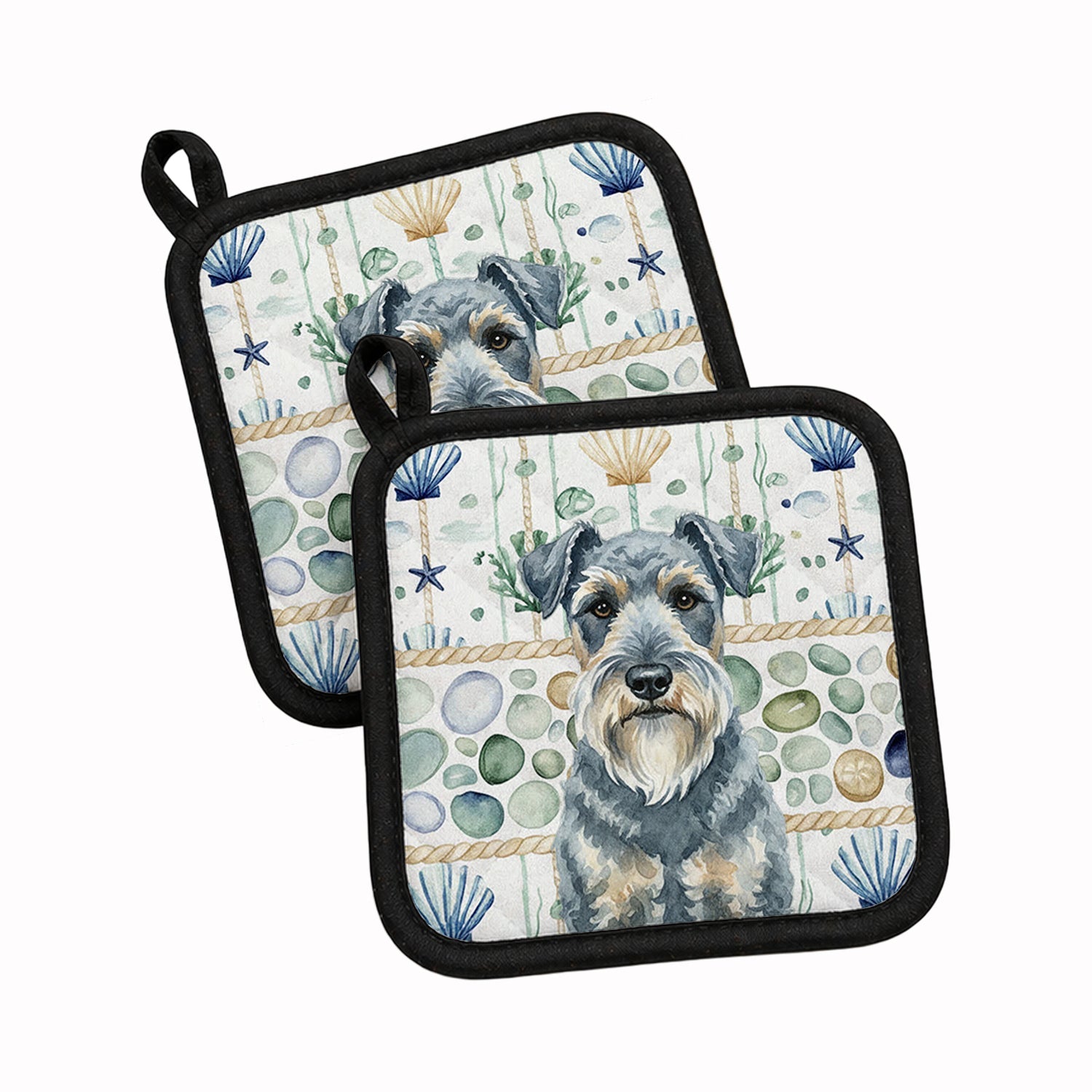 Kerry Blue Terrier Coastal Sea Glass Pot Holder Set of 2 Heat Resistant Quilted Hot Pads 7.5 x 7.5 Inch, Insulated Kitchen Trivets for Cooking & Baking