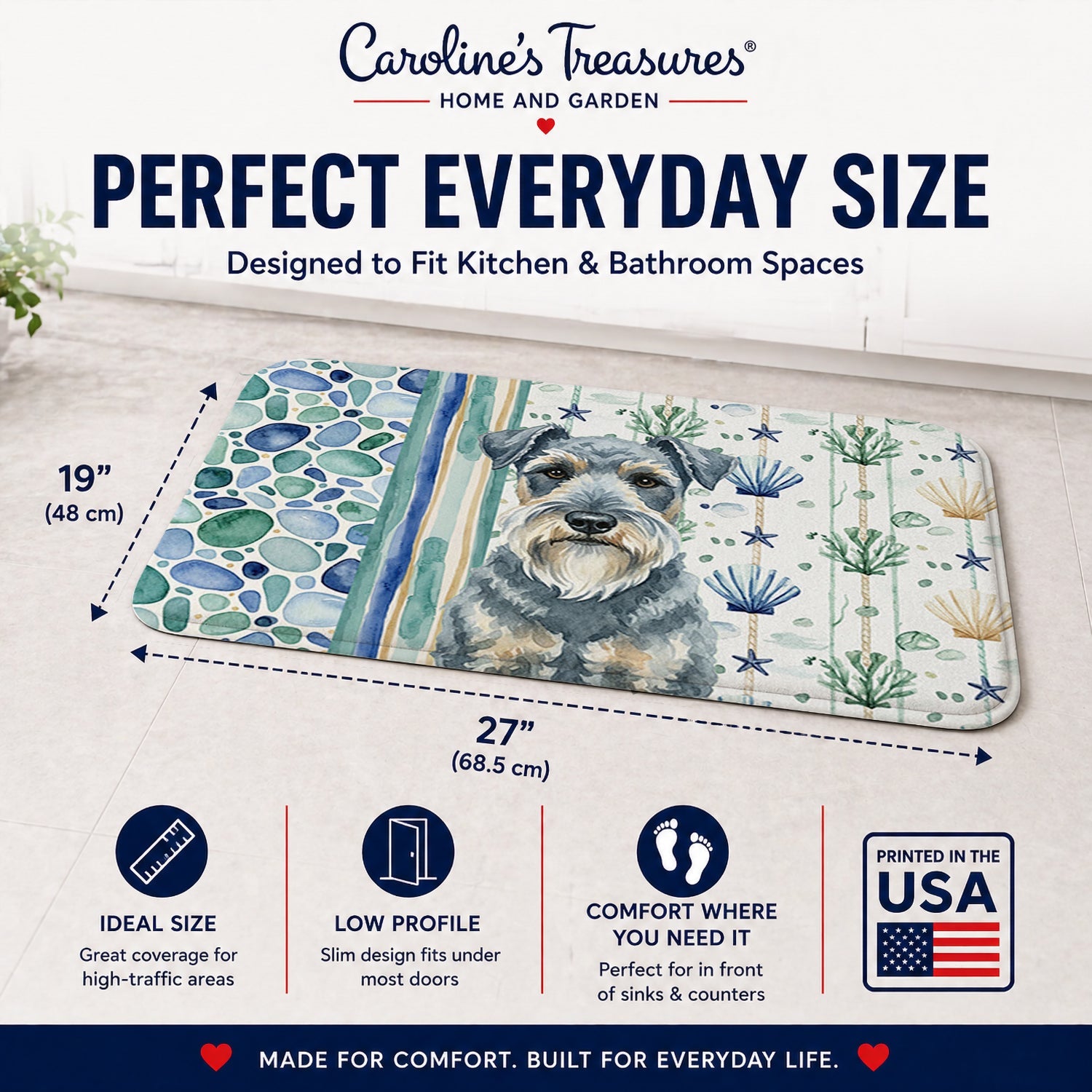 Kerry Blue Terrier Coastal Sea Glass Memory Foam Kitchen Mat Machine Washable Anti-Fatigue Cushion Comfort Bath or Kitchen Rug