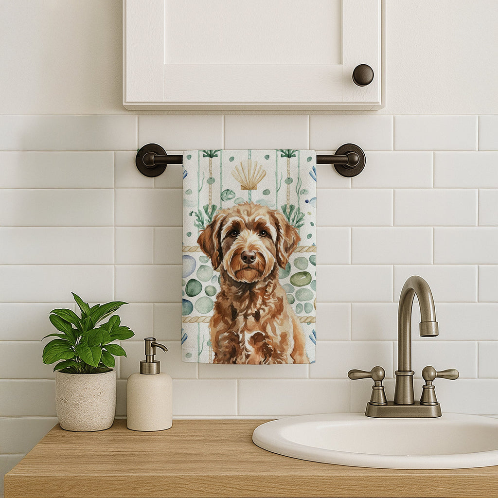 Chocolate Labradoodle Coastal Sea Glass Kitchen Towel Velour Plush Front and Cotton Loop Back Machine Washable