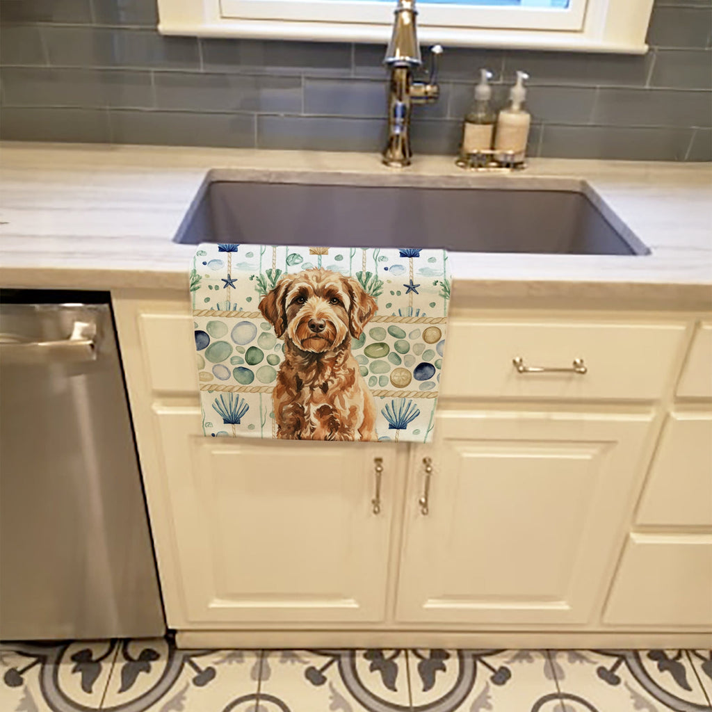 Chocolate Labradoodle Coastal Sea Glass Kitchen Towel Velour Plush Front and Cotton Loop Back Machine Washable