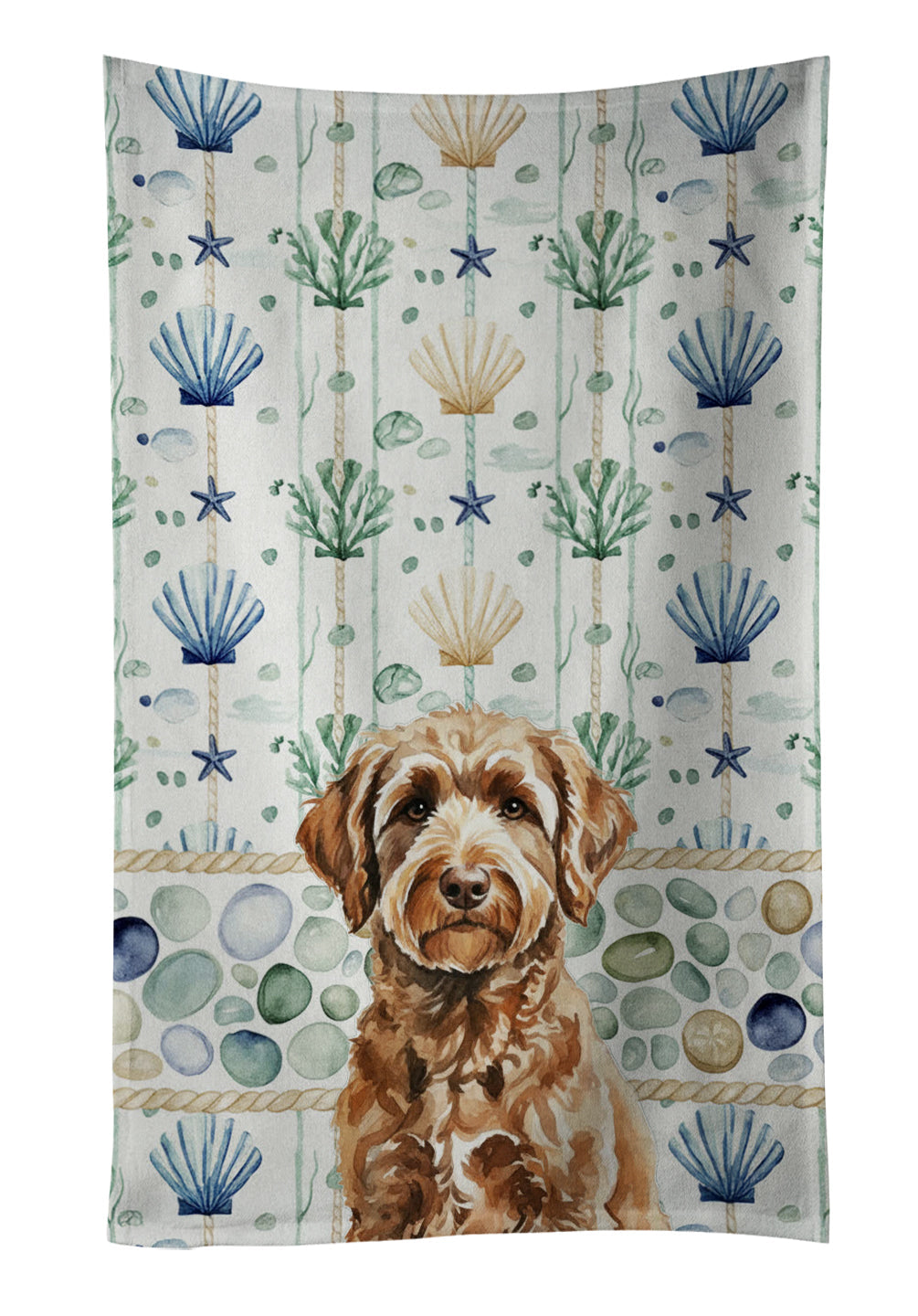 Chocolate Labradoodle Coastal Sea Glass Kitchen Towel Velour Plush Front and Cotton Loop Back Machine Washable