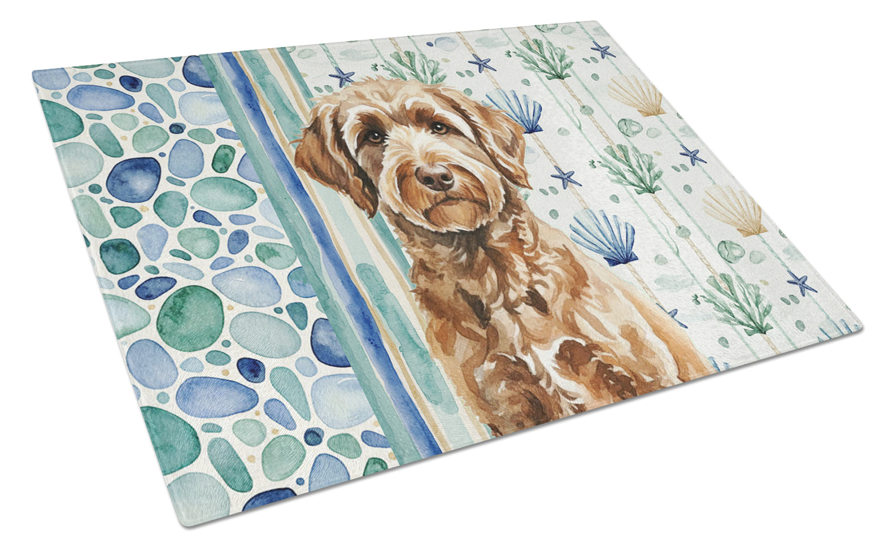 Chocolate Labradoodle Coastal Sea Glass Cutting Board Tempered Glass Kitchen Cutting Surface, Heat Resistant Chopping, Non-Slip Feet, Food Prep & Serving