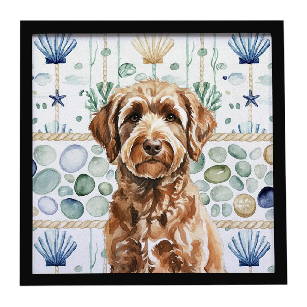 Chocolate Labradoodle Coastal Sea Glass Framed Metal Print Bathroom, Kitchen, Office, Home Decor Wall Art Ready to Hang, Square, 8X8