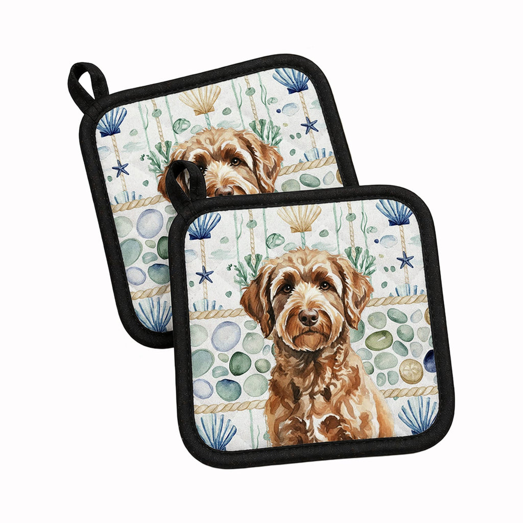 Chocolate Labradoodle Coastal Sea Glass Pot Holder Set of 2 Heat Resistant Quilted Hot Pads 7.5 x 7.5 Inch, Insulated Kitchen Trivets for Cooking & Baking
