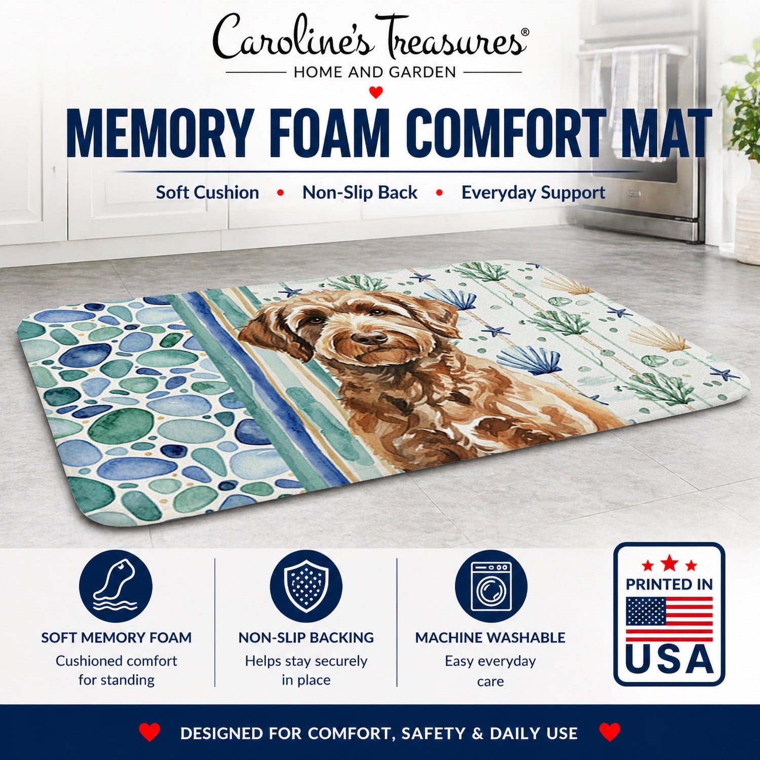 Chocolate Labradoodle Coastal Sea Glass Memory Foam Kitchen Mat Machine Washable Anti-Fatigue Cushion Comfort Bath or Kitchen Rug