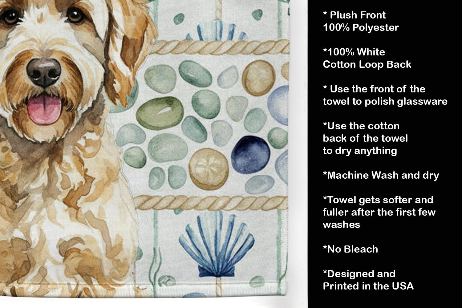 Yellow Labradoodle Coastal Sea Glass Kitchen Towel Velour Plush Front and Cotton Loop Back Machine Washable