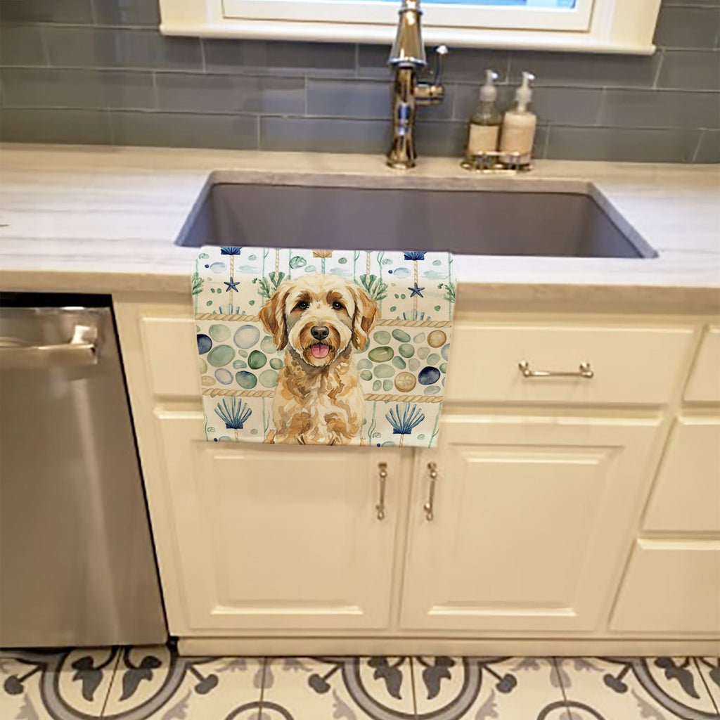 Yellow Labradoodle Coastal Sea Glass Kitchen Towel Velour Plush Front and Cotton Loop Back Machine Washable