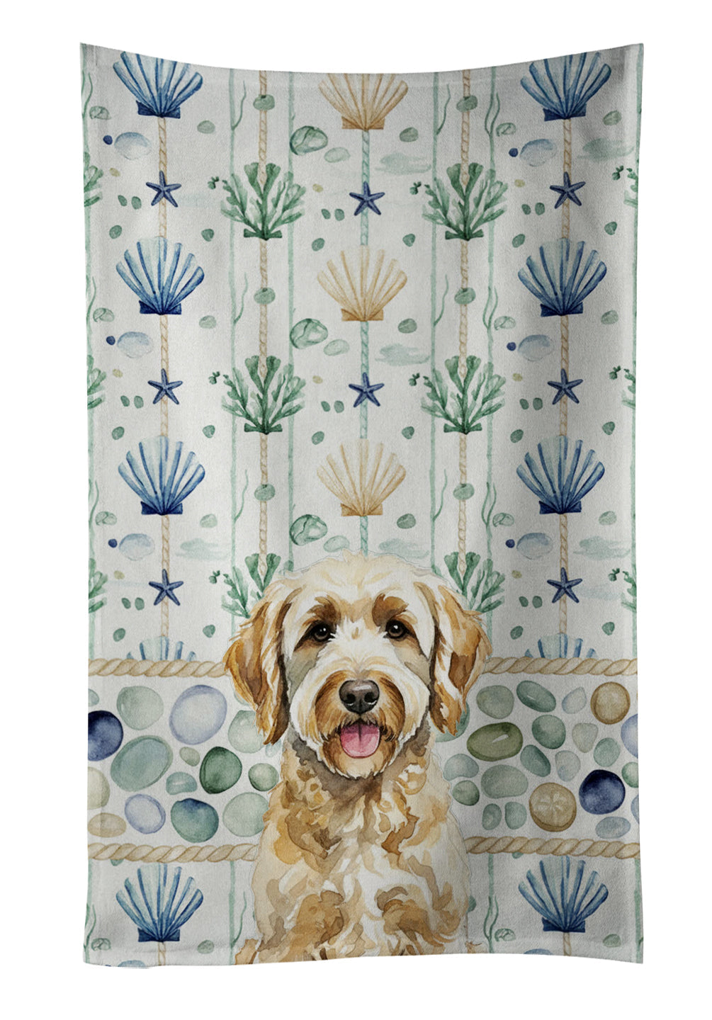 Yellow Labradoodle Coastal Sea Glass Kitchen Towel Velour Plush Front and Cotton Loop Back Machine Washable