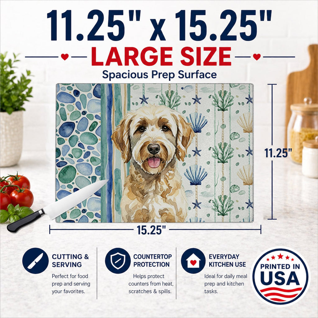 Yellow Labradoodle Coastal Sea Glass Cutting Board Tempered Glass Kitchen Cutting Surface, Heat Resistant Chopping, Non-Slip Feet, Food Prep & Serving
