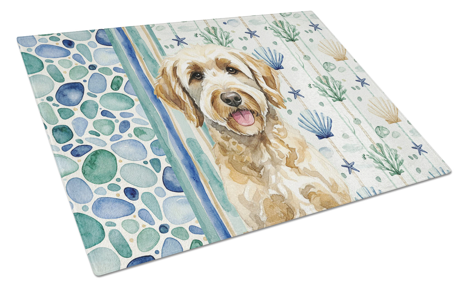 Yellow Labradoodle Coastal Sea Glass Cutting Board Tempered Glass Kitchen Cutting Surface, Heat Resistant Chopping, Non-Slip Feet, Food Prep & Serving