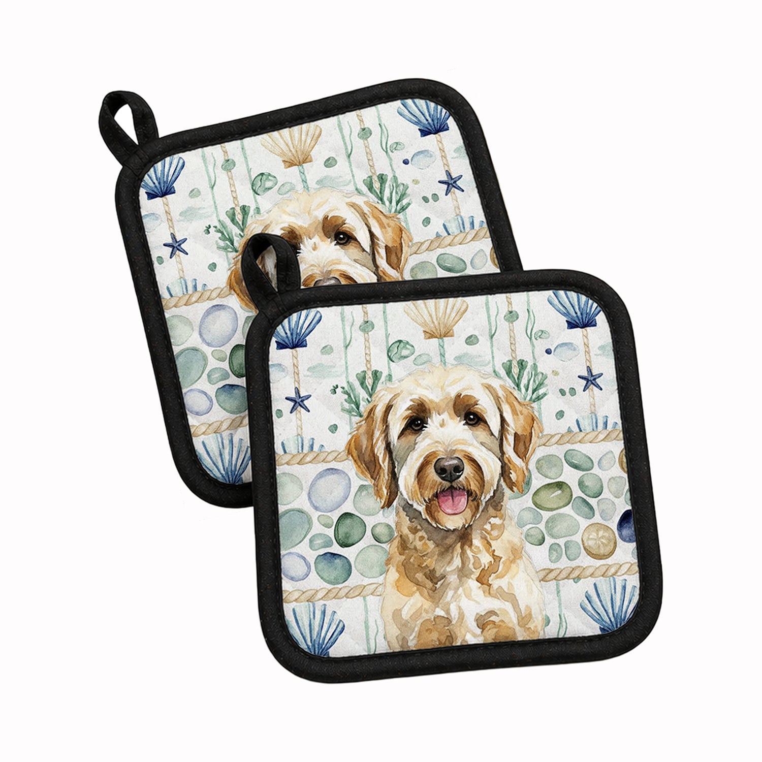 Yellow Labradoodle Coastal Sea Glass Pot Holder Set of 2 Heat Resistant Quilted Hot Pads 7.5 x 7.5 Inch, Insulated Kitchen Trivets for Cooking & Baking