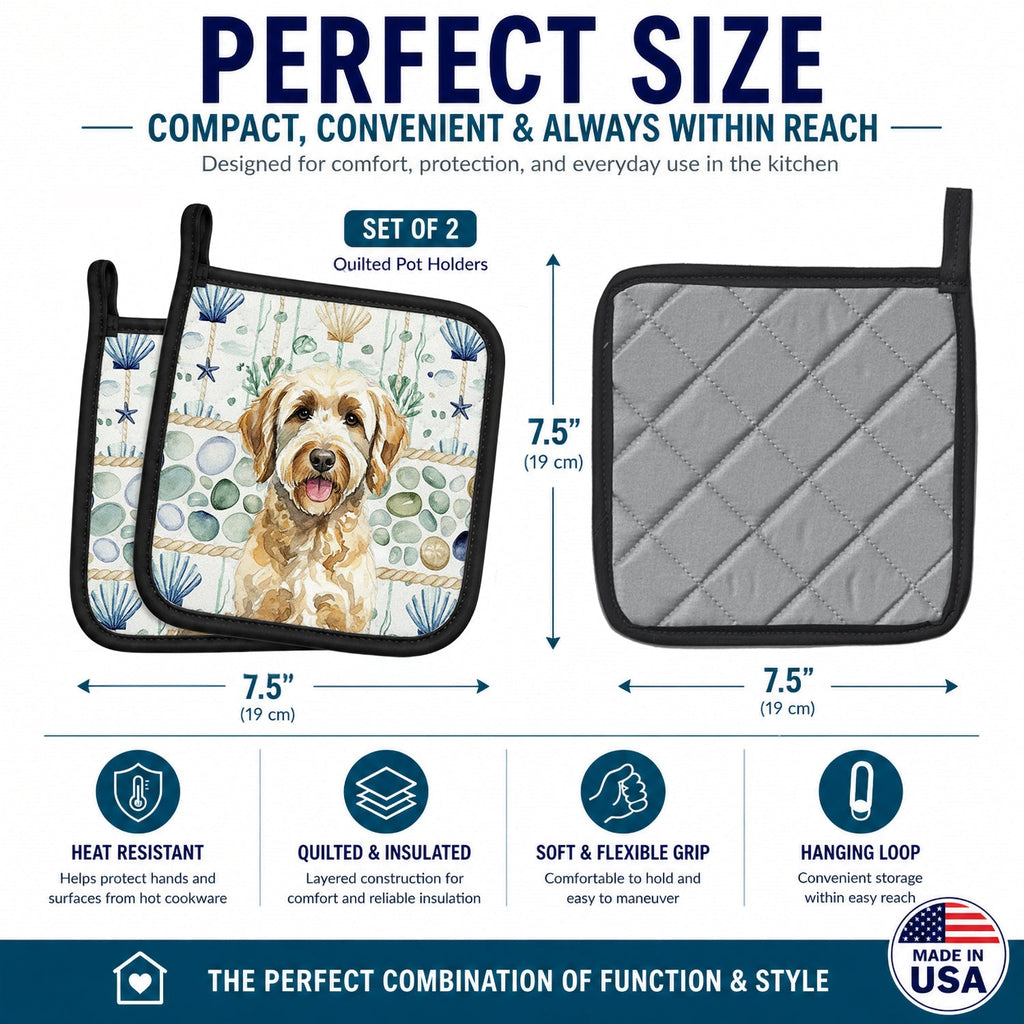 Yellow Labradoodle Coastal Sea Glass Pot Holder Set of 2 Heat Resistant Quilted Hot Pads 7.5 x 7.5 Inch, Insulated Kitchen Trivets for Cooking & Baking
