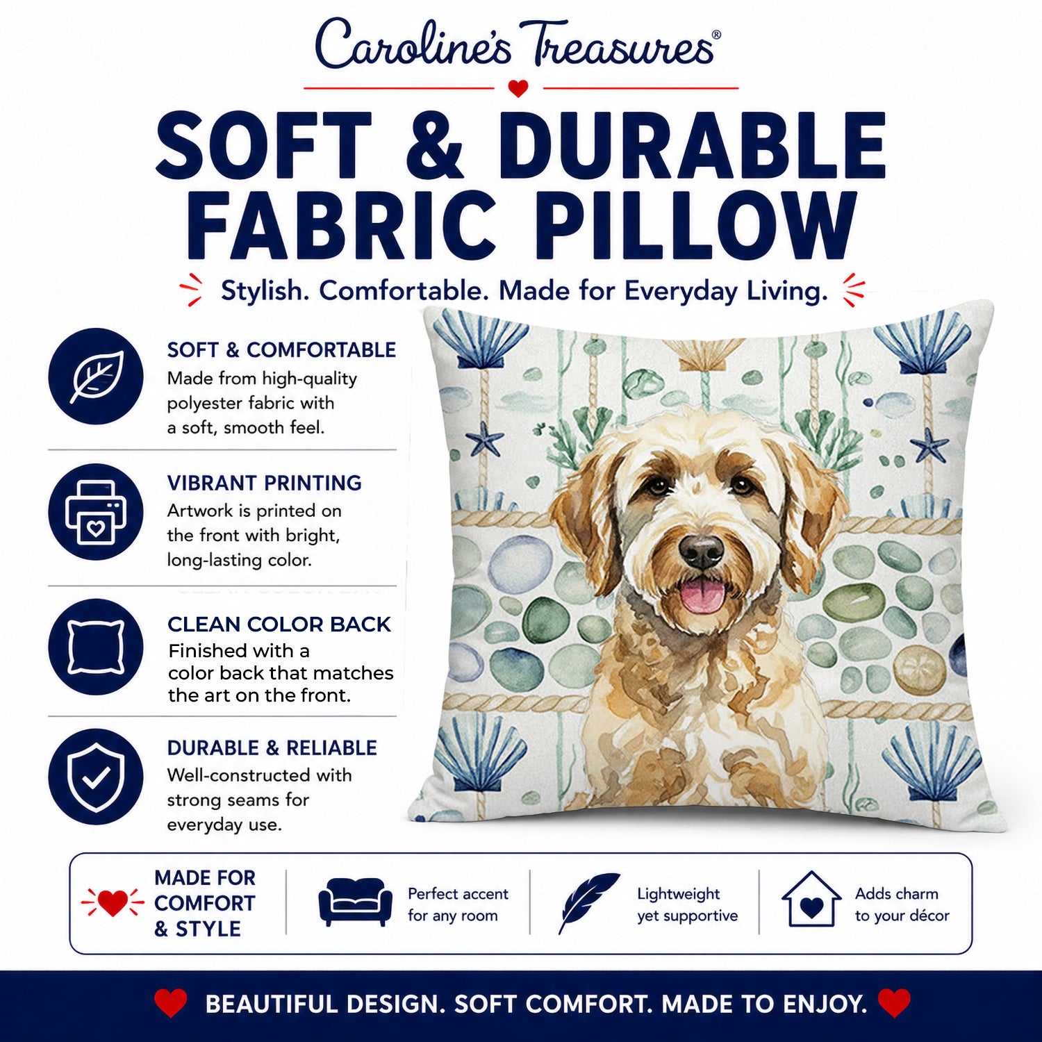 Yellow Labradoodle Coastal Sea Glass Decorative Throw Pillow 18x18 Indoor Outdoor Accent Cushion, Fabric Cover with Insert for Sofa, Bed, Porch & Living Room