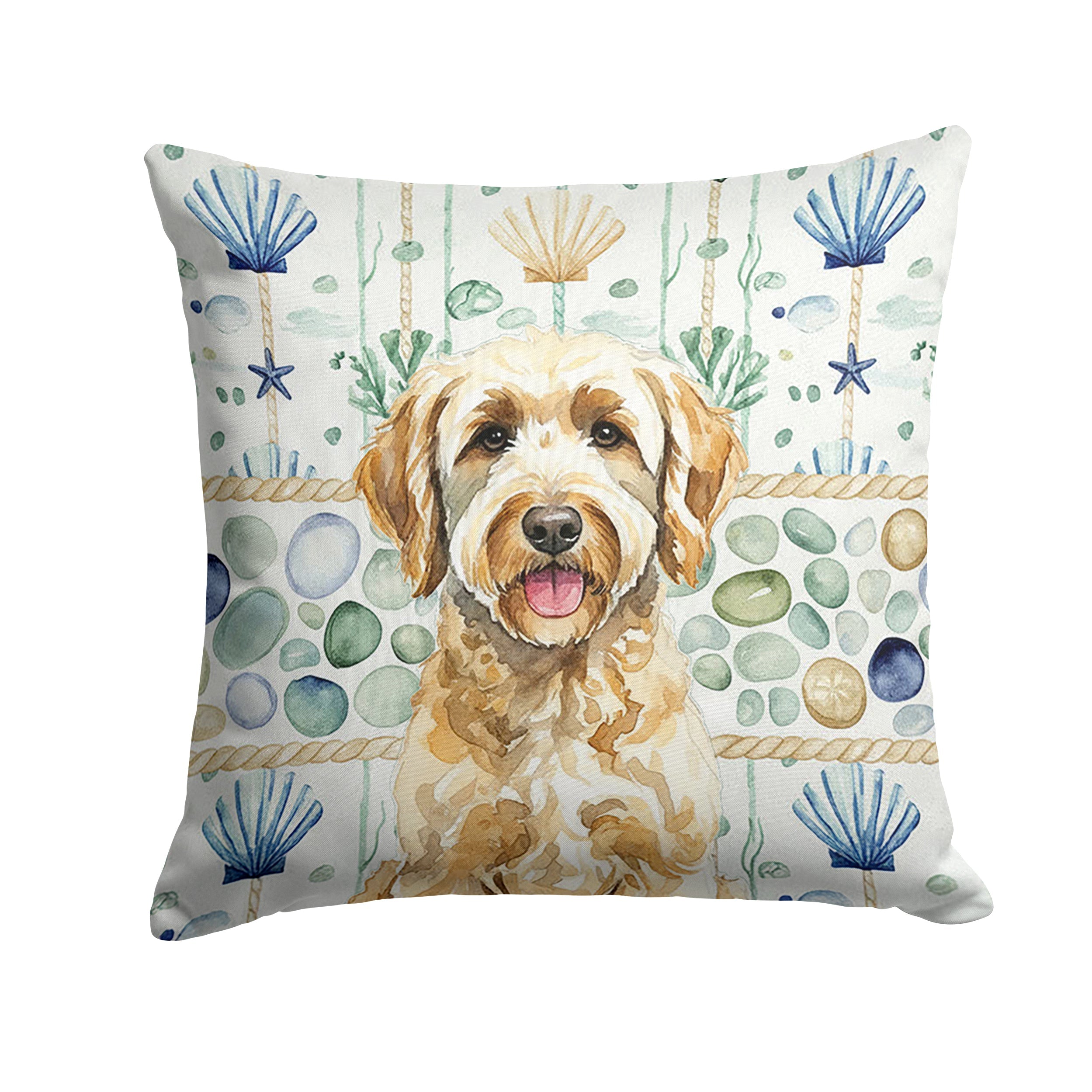 Yellow Labradoodle Coastal Sea Glass Decorative Throw Pillow 18x18 Indoor Outdoor Accent Cushion, Fabric Cover with Insert for Sofa, Bed, Porch & Living Room