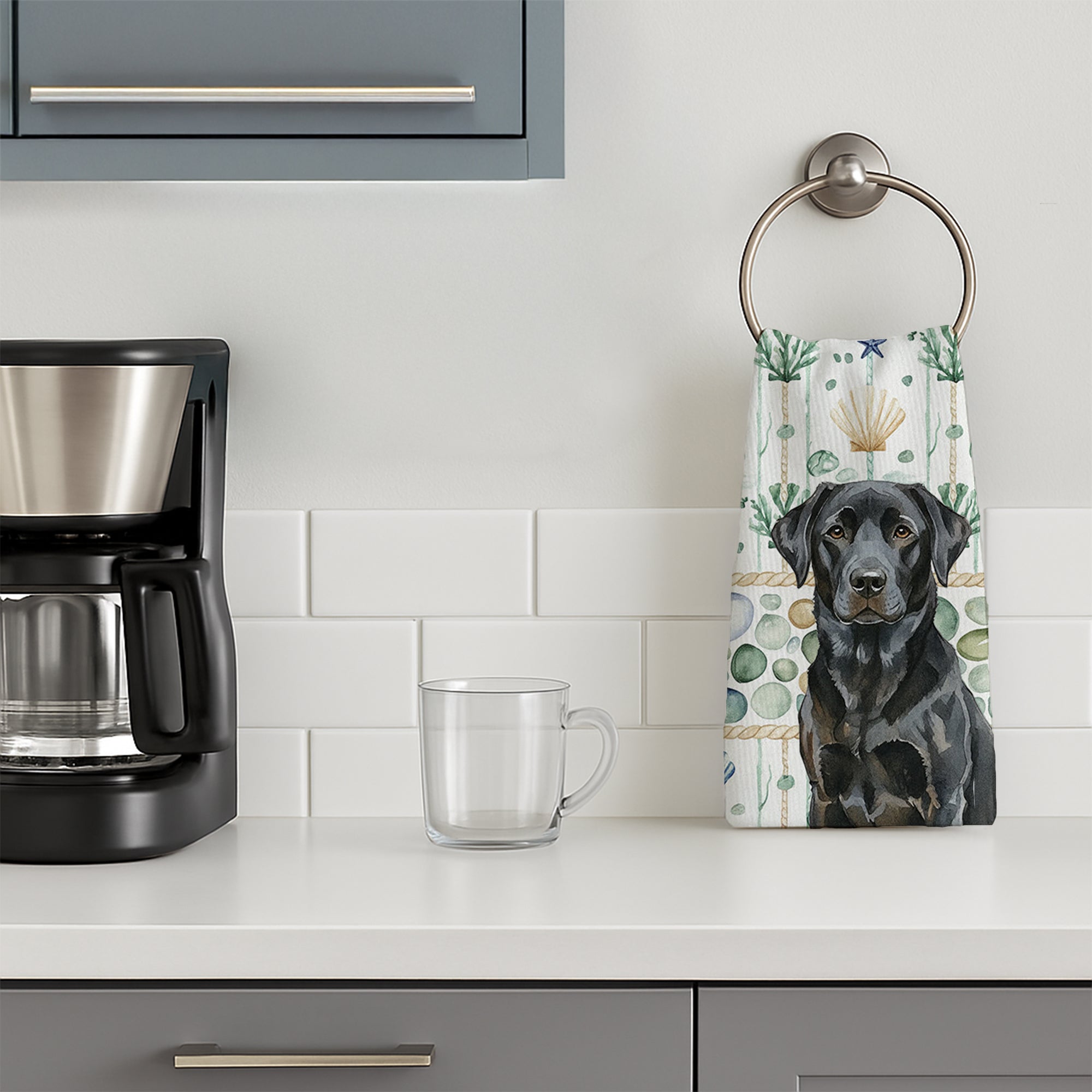 Black Labrador Retriever Coastal Sea Glass Kitchen Towel Velour Plush Front and Cotton Loop Back Machine Washable