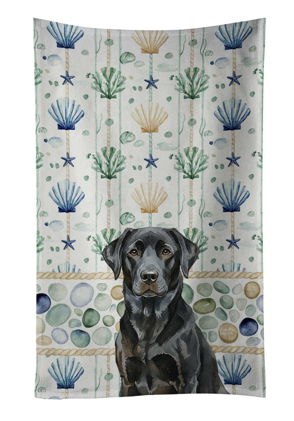 Black Labrador Retriever Coastal Sea Glass Kitchen Towel Velour Plush Front and Cotton Loop Back Machine Washable