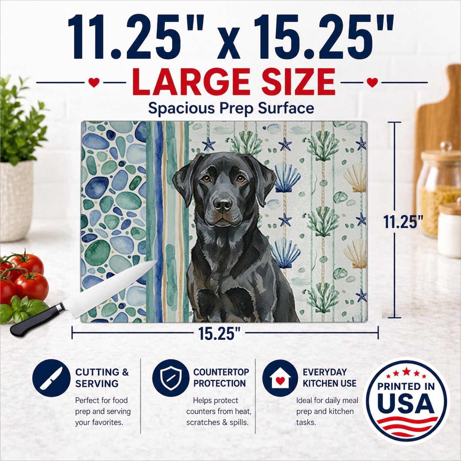 Black Labrador Retriever Coastal Sea Glass Cutting Board Tempered Glass Kitchen Cutting Surface, Heat Resistant Chopping, Non-Slip Feet, Food Prep & Serving