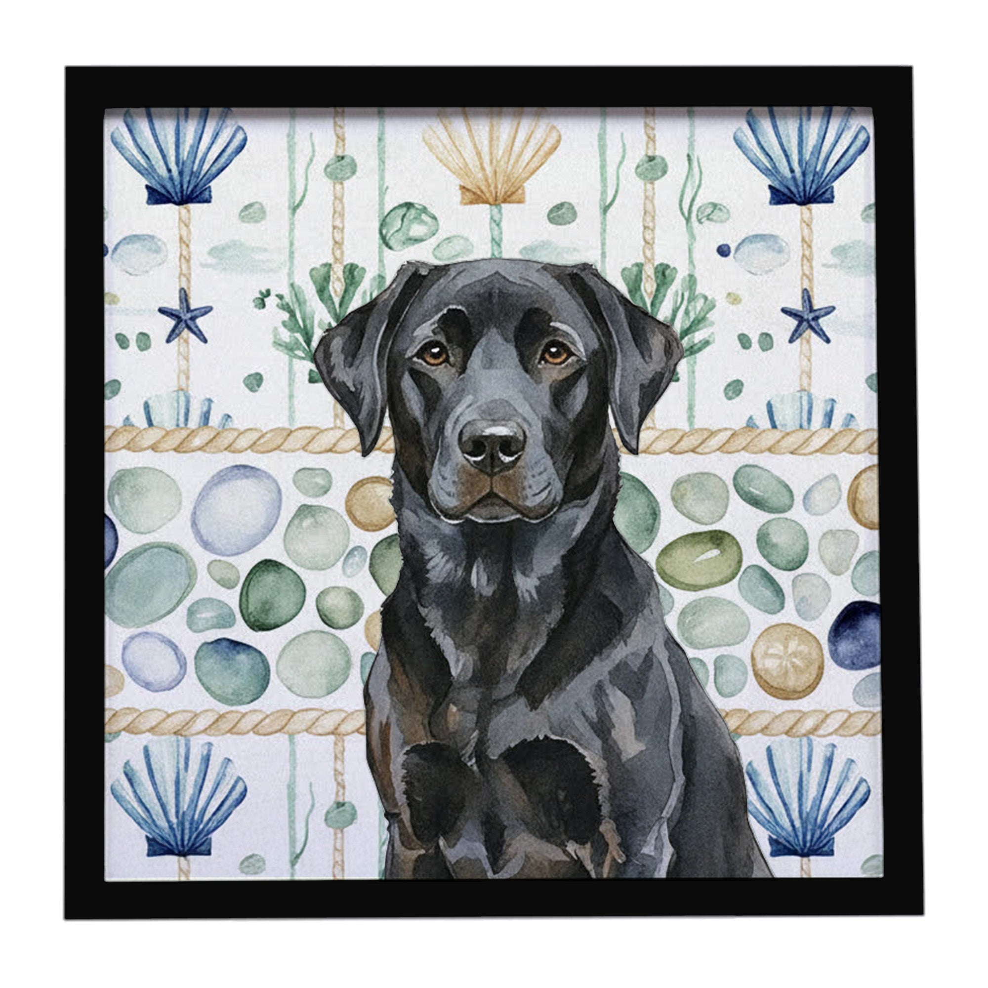Black Labrador Retriever Coastal Sea Glass Framed Metal Print Bathroom, Kitchen, Office, Home Decor Wall Art Ready to Hang, Square, 8X8