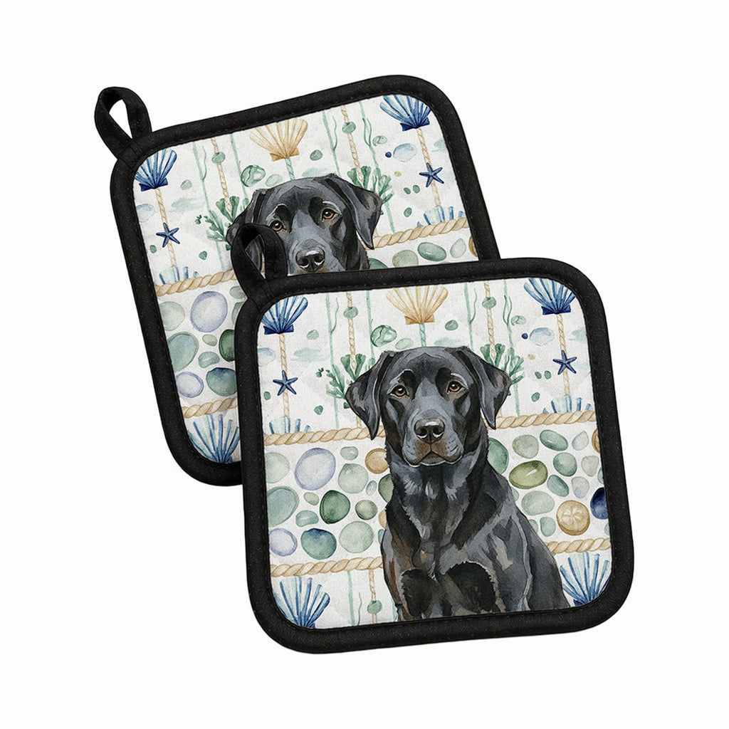 Black Labrador Retriever Coastal Sea Glass Pot Holder Set of 2 Heat Resistant Quilted Hot Pads 7.5 x 7.5 Inch, Insulated Kitchen Trivets for Cooking & Baking