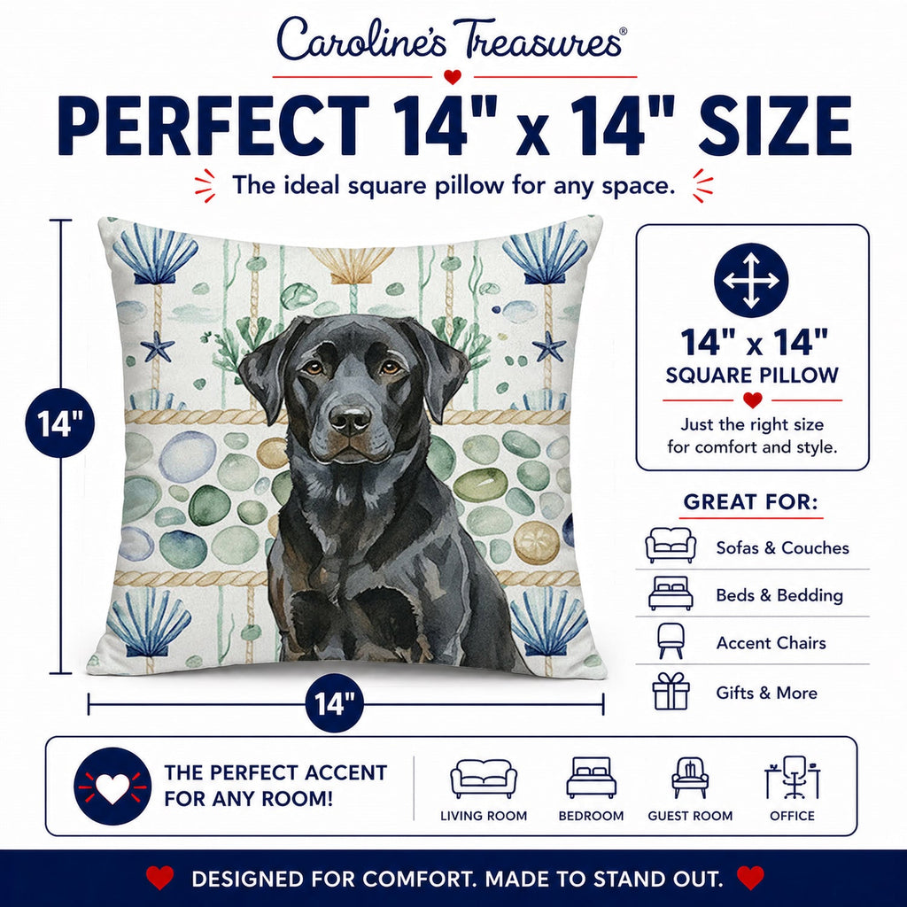 Black Labrador Retriever Coastal Sea Glass Decorative Throw Pillow 14x14 Indoor Outdoor Accent Cushion, Fabric Cover with Insert for Sofa, Bed, Porch & Living Room