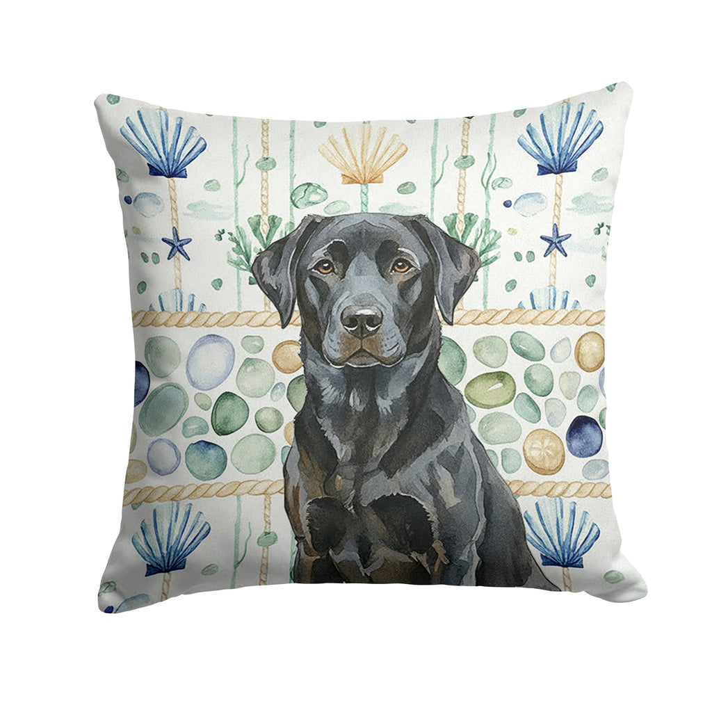 Black Labrador Retriever Coastal Sea Glass Decorative Throw Pillow 14x14 Indoor Outdoor Accent Cushion, Fabric Cover with Insert for Sofa, Bed, Porch & Living Room
