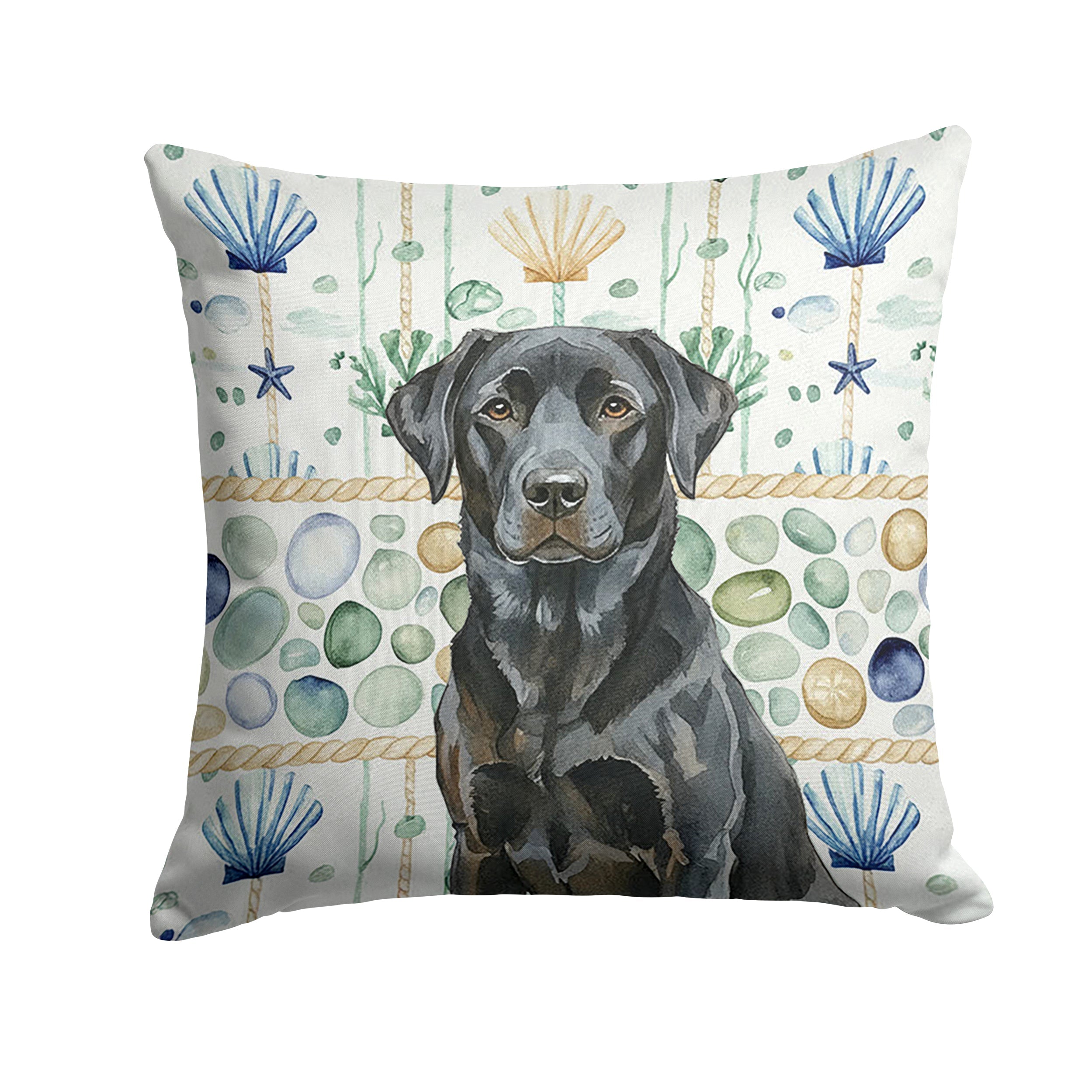 Black Labrador Retriever Coastal Sea Glass Decorative Throw Pillow 18x18 Indoor Outdoor Accent Cushion, Fabric Cover with Insert for Sofa, Bed, Porch & Living Room