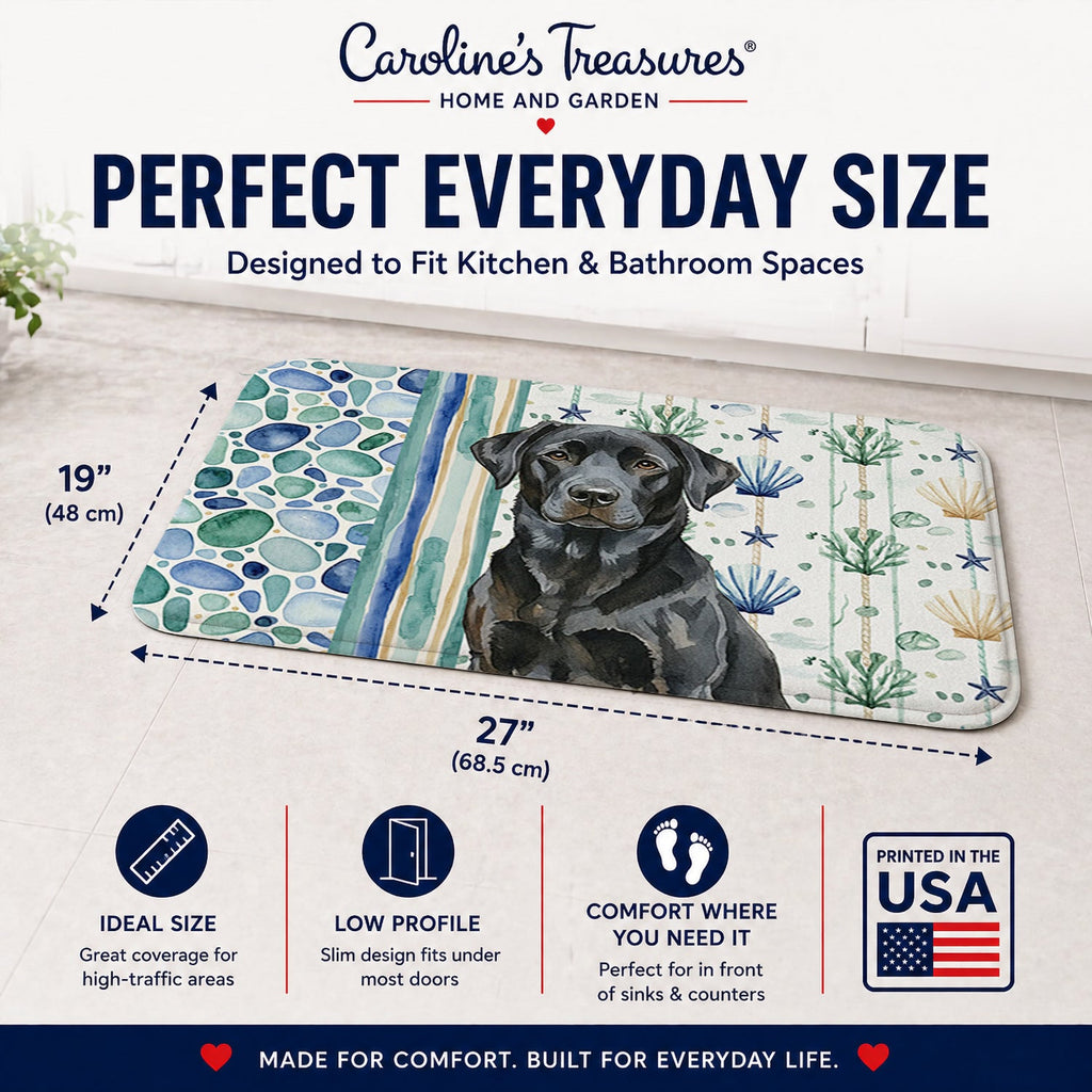 Black Labrador Retriever Coastal Sea Glass Memory Foam Kitchen Mat Machine Washable Anti-Fatigue Cushion Comfort Bath or Kitchen Rug