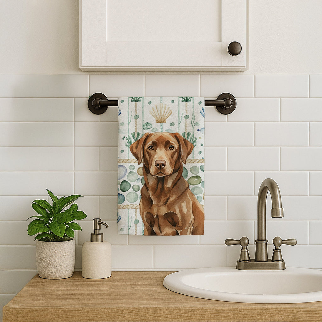 Chocolate Labrador Retriever Coastal Sea Glass Kitchen Towel Velour Plush Front and Cotton Loop Back Machine Washable