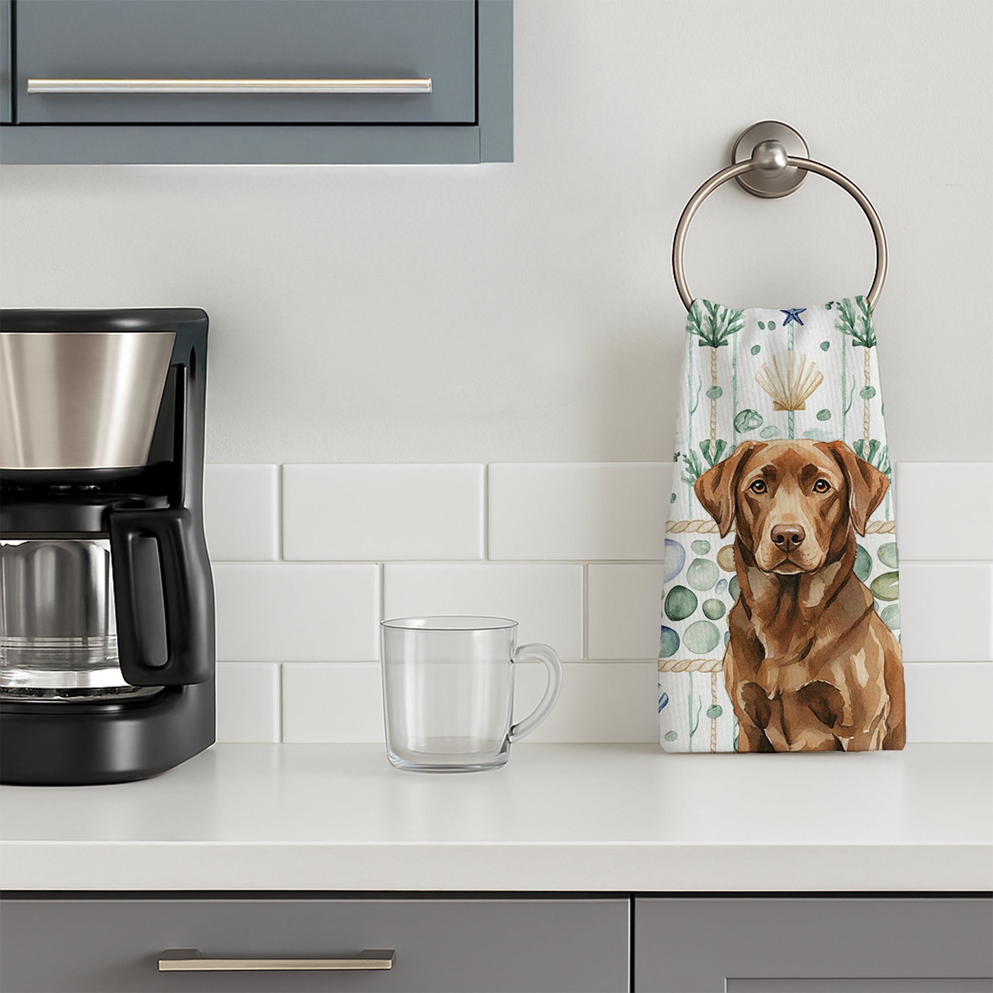 Chocolate Labrador Retriever Coastal Sea Glass Kitchen Towel Velour Plush Front and Cotton Loop Back Machine Washable
